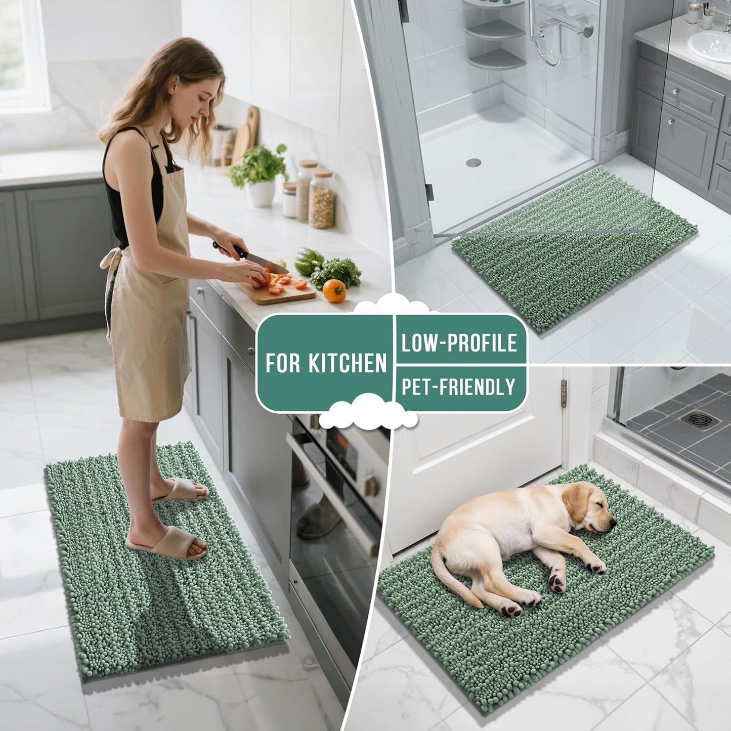 Yimobra Bathroom Rugs Sets 2 Piece - Quick Dry Extra Thick Luxury Chenille Bath Mat, Non Slip Super Absorbent for Tub Shower Sink, Machine Washable Shaggy Floor Mat, 24"x17+24"x20" Inch, Green