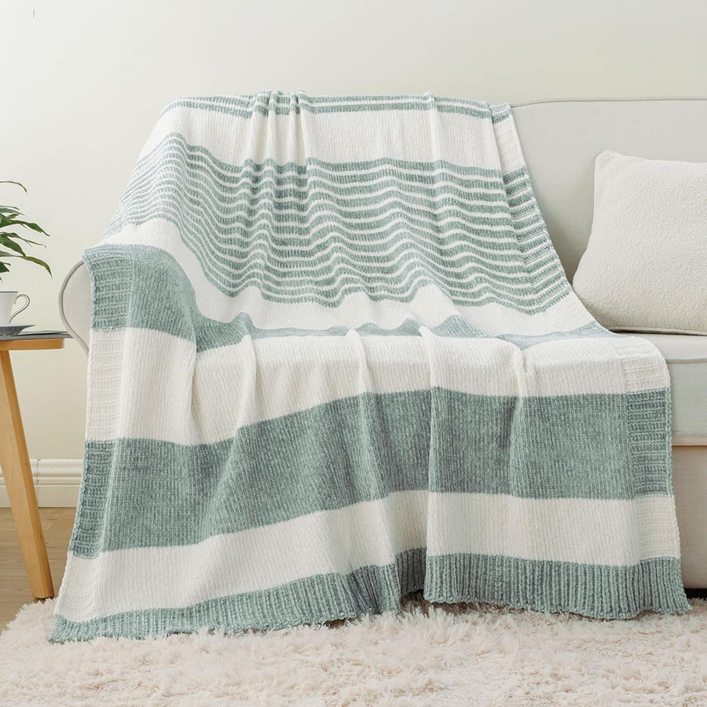 BATTILO HOME Sage Green Throw Blanket for Couch, Farmhouse Chenille Knitted Blanket for Home Decor, Light Green Striped Spring Summer Throw Blanket, 51"x67"