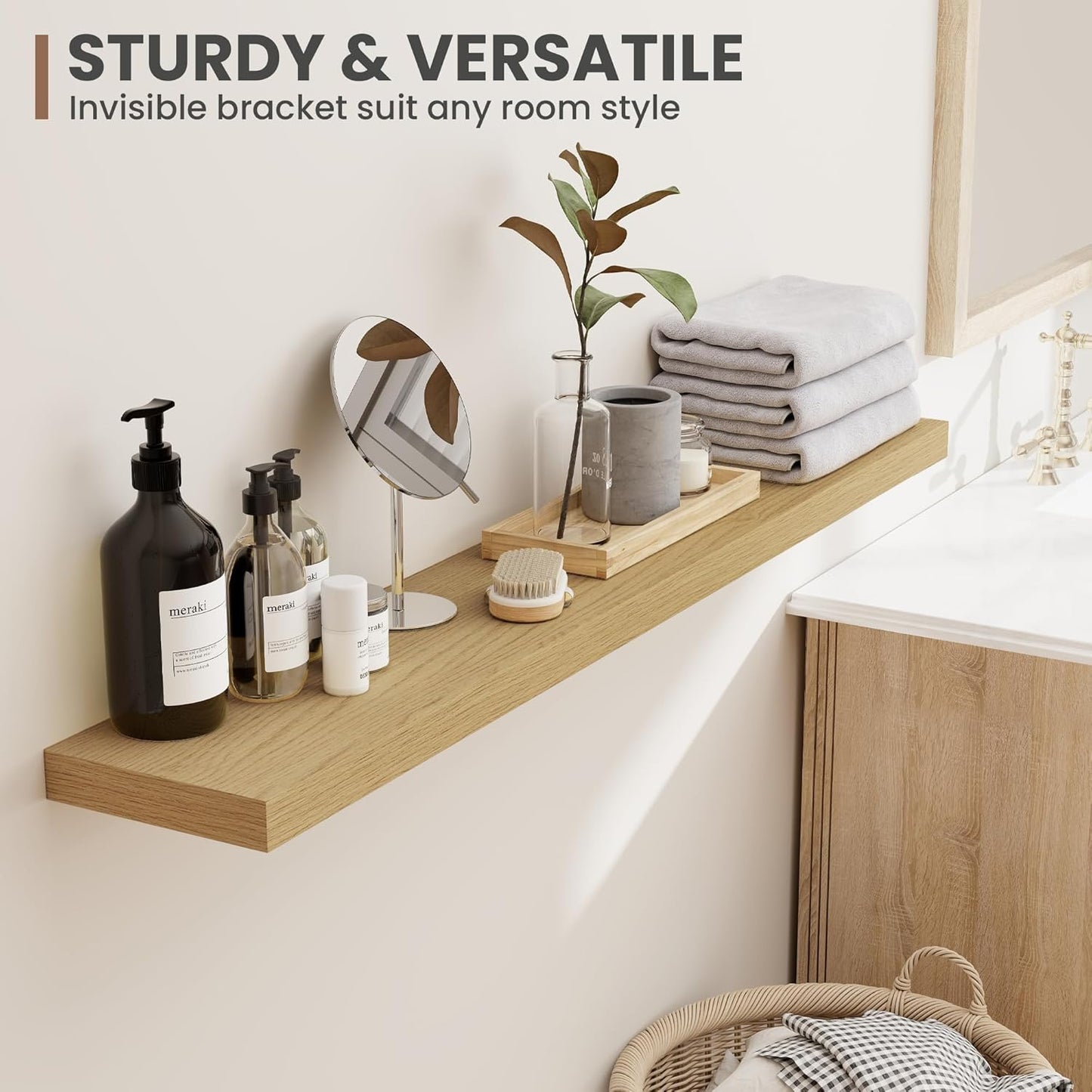 40 Inch Floating Shelves, 8 Inch Deep Floating Shelves for Wall, Hanging Shelf with Invisible Brackets, Deep Shelves for Bathroom, Bedroom, Living Room, Oak, Set of 2