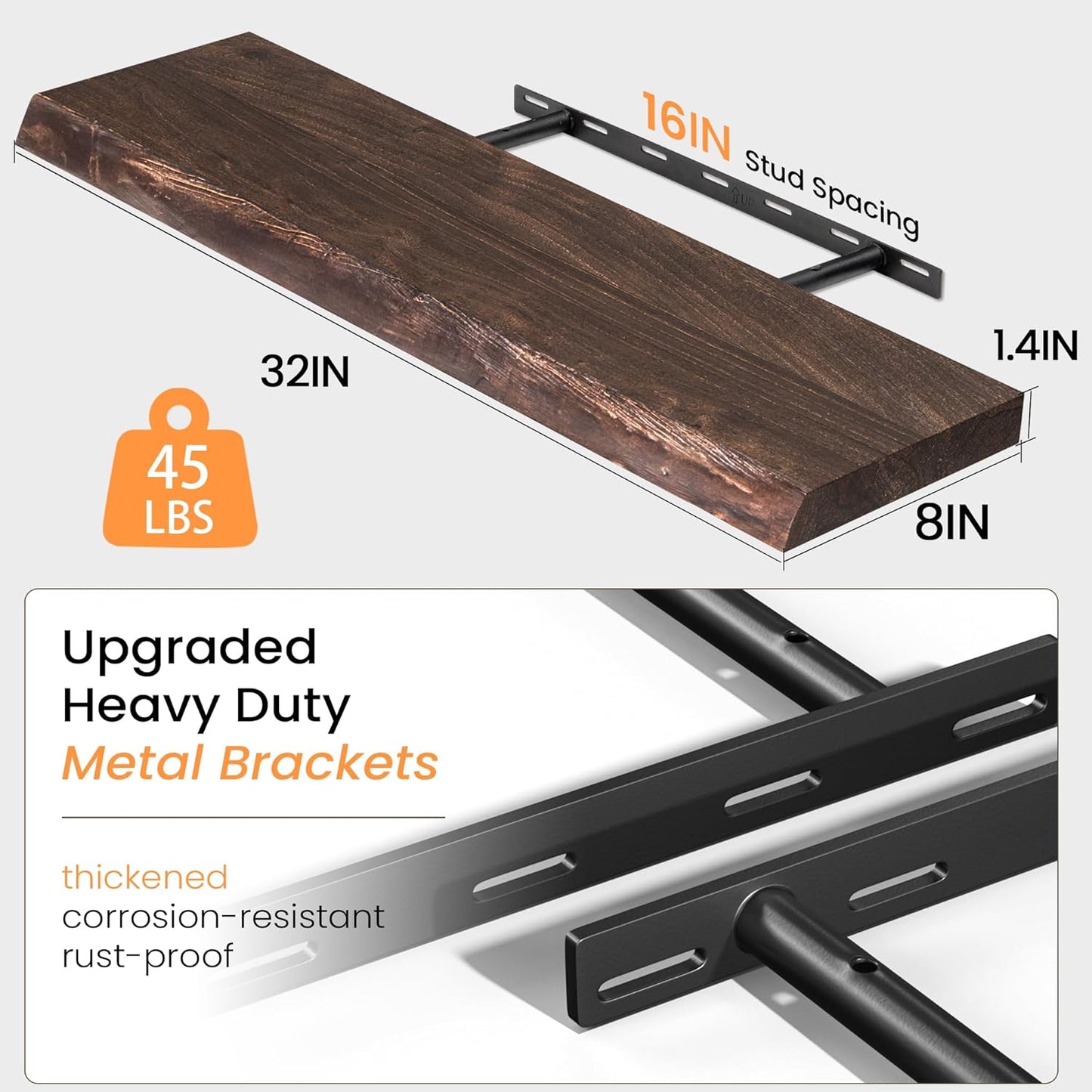 Fun Memories Floating Shelves for Wall Decor, Rustic Solid Elm Wood Live Edge Floating Shelves Wall Mounted, Heavy-Duty Shelf with Invisible Bracket for Living Room Kitchen, 32 Inch Set of 2, Walnut