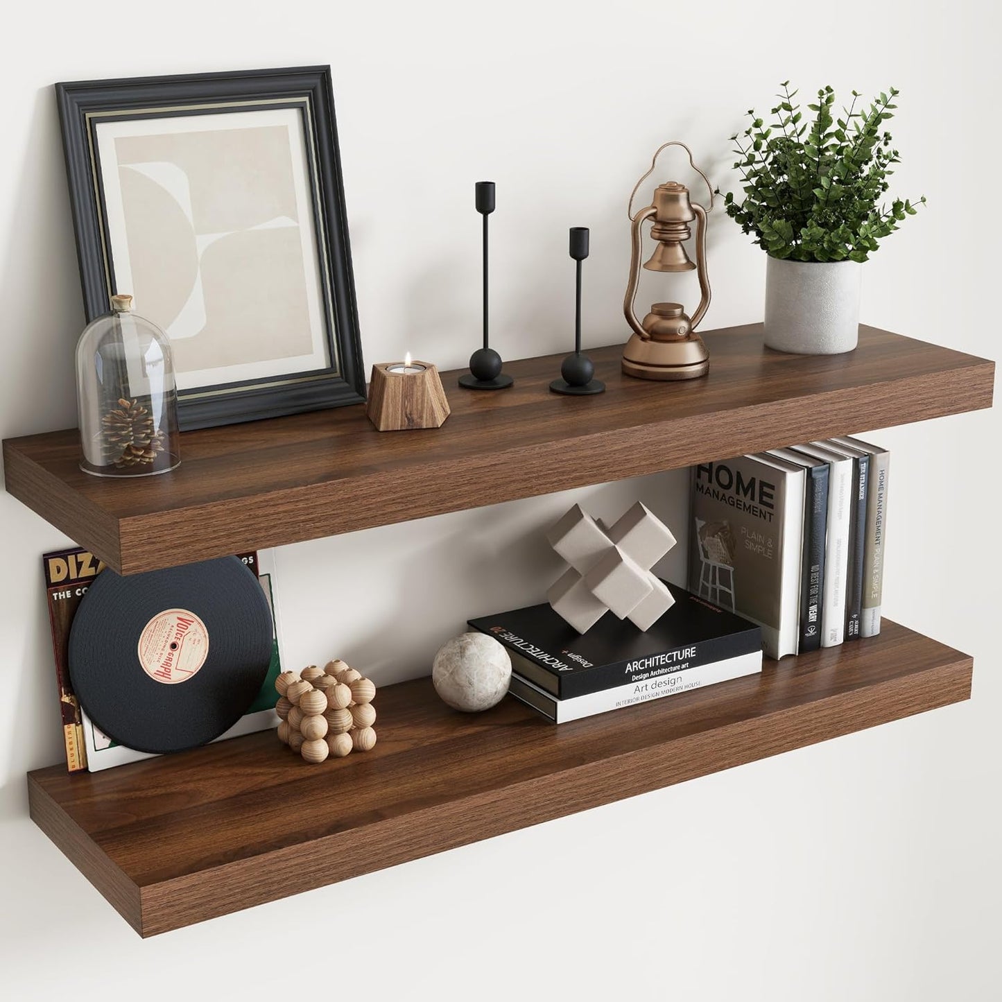 Floating Shelves for Wall with Invisible Brackets, Wall Mounted Engineered Wood Shelves with Wood Grain for Living Room, Bedroom, Bathroom, Kitchen Decor and Storage, Oak, 40"L Set of 2, Walnut