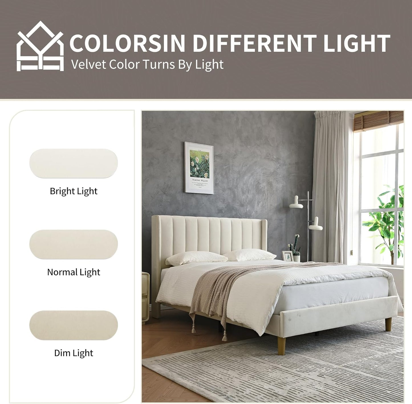 YUHUASHI upholstered Platform Bed Frame/King Bed Frame/Modern Geometric Double-Wing Design headboard/Velvet Fabric/Easy to Assemble no Noise (Cream, King (U.S. Standard))