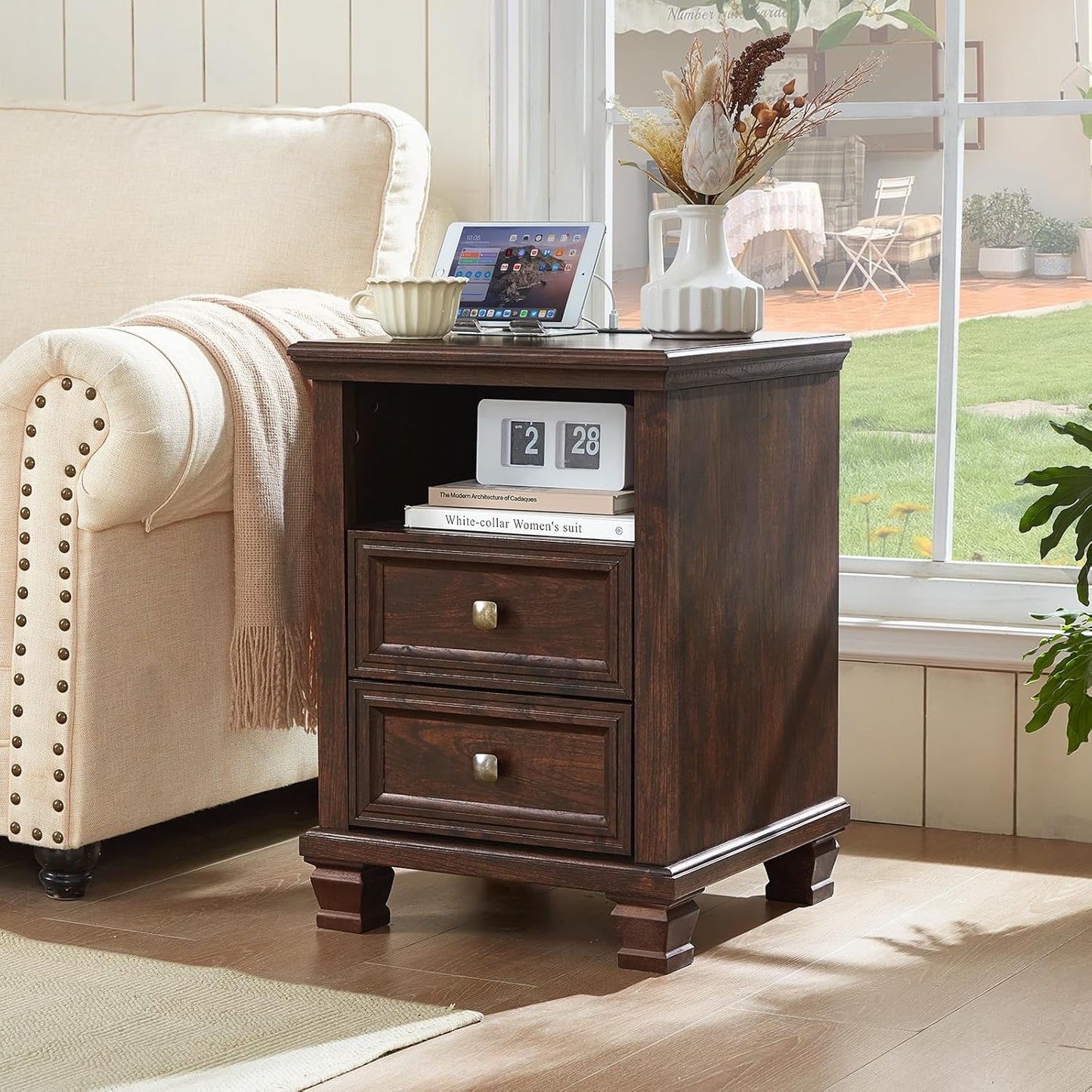 Farmhouse Nightstand with Charging Station, Rustic Brown Nightstand,2 Drawers End Table for Living Room,Bedside Table with Open Shelf for Bed Room,Walnut