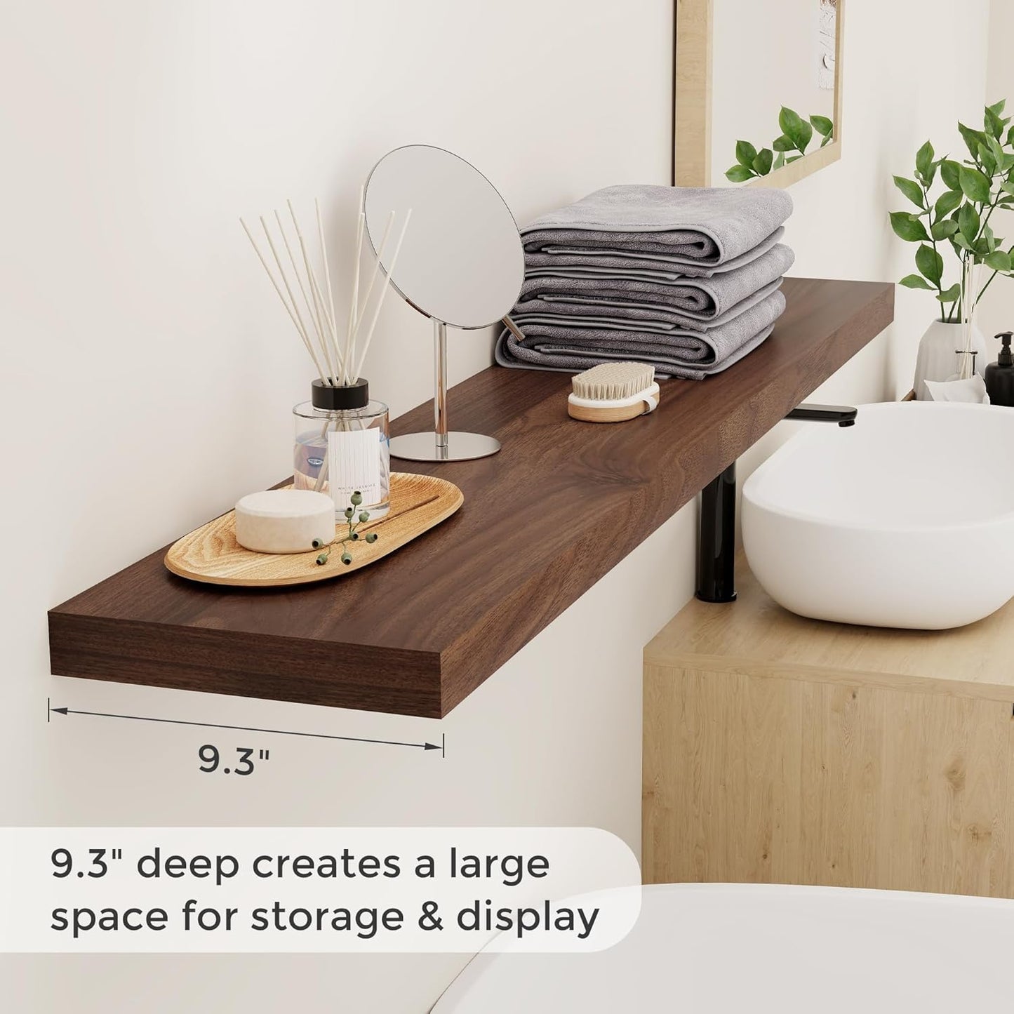 55 Inch Floating Shelves Set of 2, Rustic 55 x 9.3 Floating Shelf for Wall, 9.3 Inch Deep Wall Shelves Invisible Bracket, Large Deep Shelving for Bedroom, Kicten, Living Room, Walnut Color