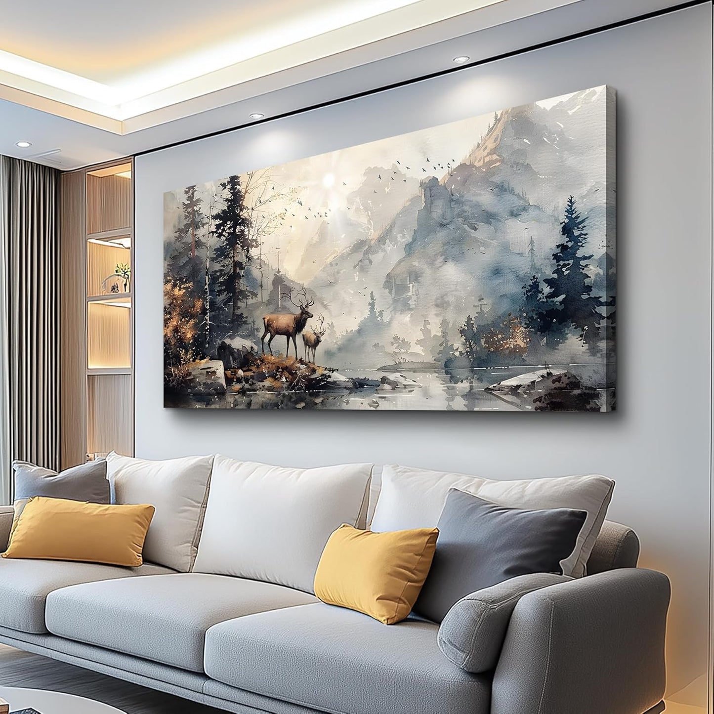 FUHAIHUA Large Wall Decor For Living Room Canvas Wall Art For Office Bedroom Wall Pictures Mountain Forest Landscape Ink Painting Deer Poster Artwork Room Home Decor Modern Aesthetic Mural 30x60 In