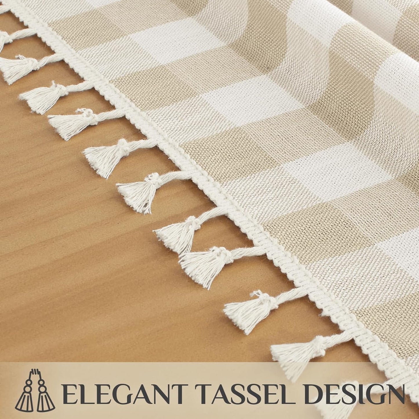 Softalker Checkered Tablecloth Rectangle, Heavy Weight Linen Gingham Outdoor Table Cloth with Tassel, Wrinkle Free Buffalo Plaid Table Cover for Dining/Party/Home - 55 x 84 Inch, Beige