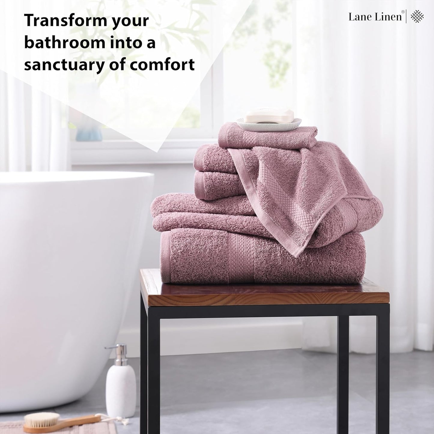 LANE LINEN 100% Mercerized Cotton Bathroom Towel Set - 6 Pcs - Ring Spun, Fluffy, Soft & Highly Absorbent - 2 Bath, 2 Washcloths, 2 Hand Towels - Avaialable in Wide Variety of Colours - Wishful Mauve
