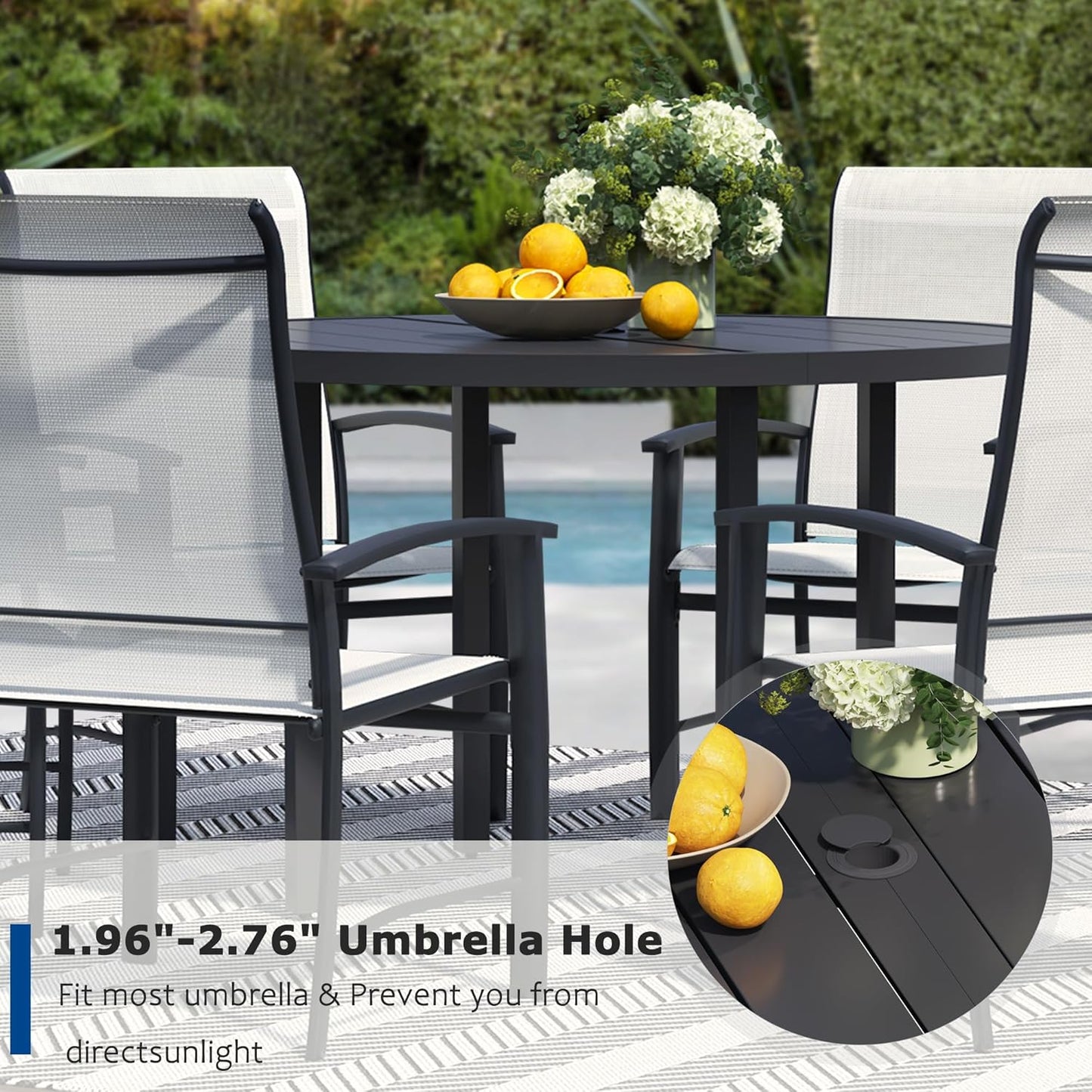 7 Piece Outdoor Dining Set, Patio Table and Chairs Set of 6, 47" Black Round Patio Table with 6 Oyster Beige Patio Chairs for Lawn, Garden, Porch