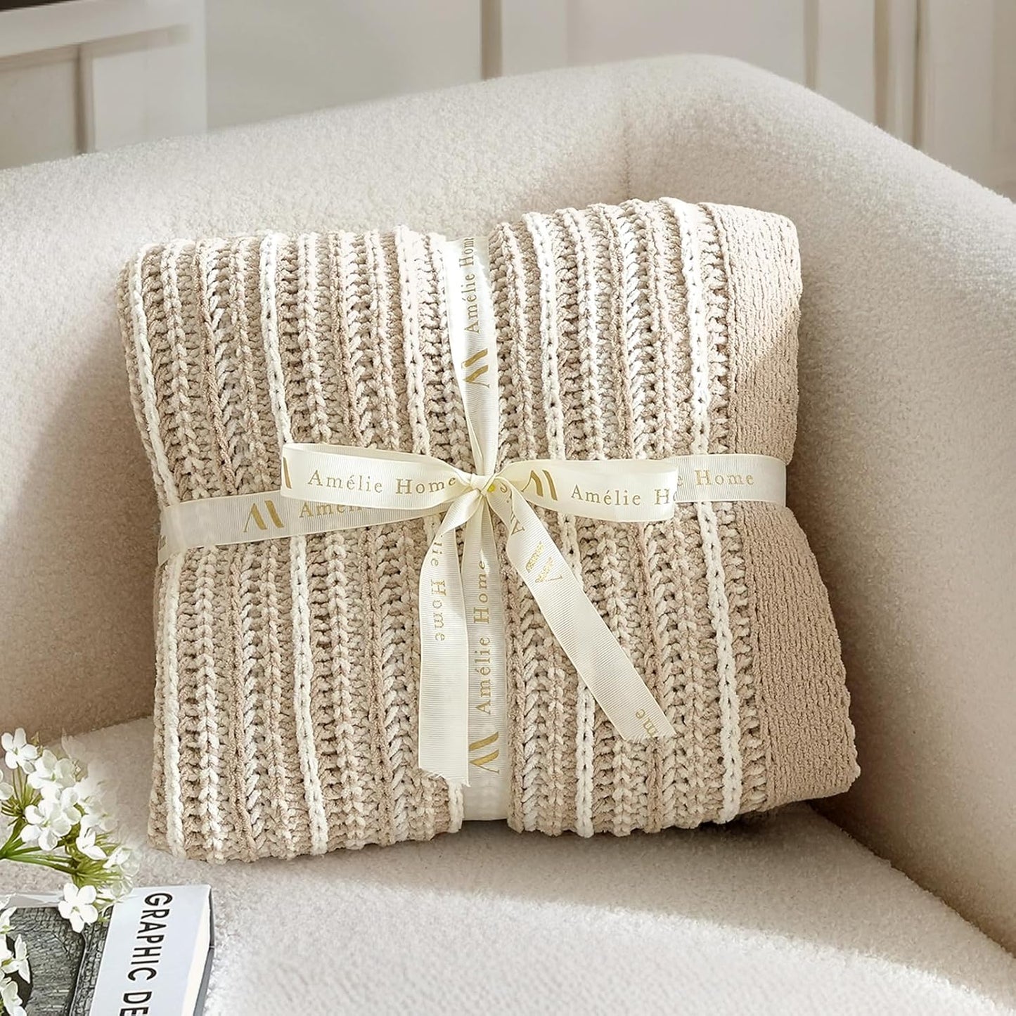 Amélie Home Striped Knit Throw Blanket for Couch, Dual-Sided Soft Chenille Decorative Blankets for Sofa & Chair, 50"x60", Khaki & White