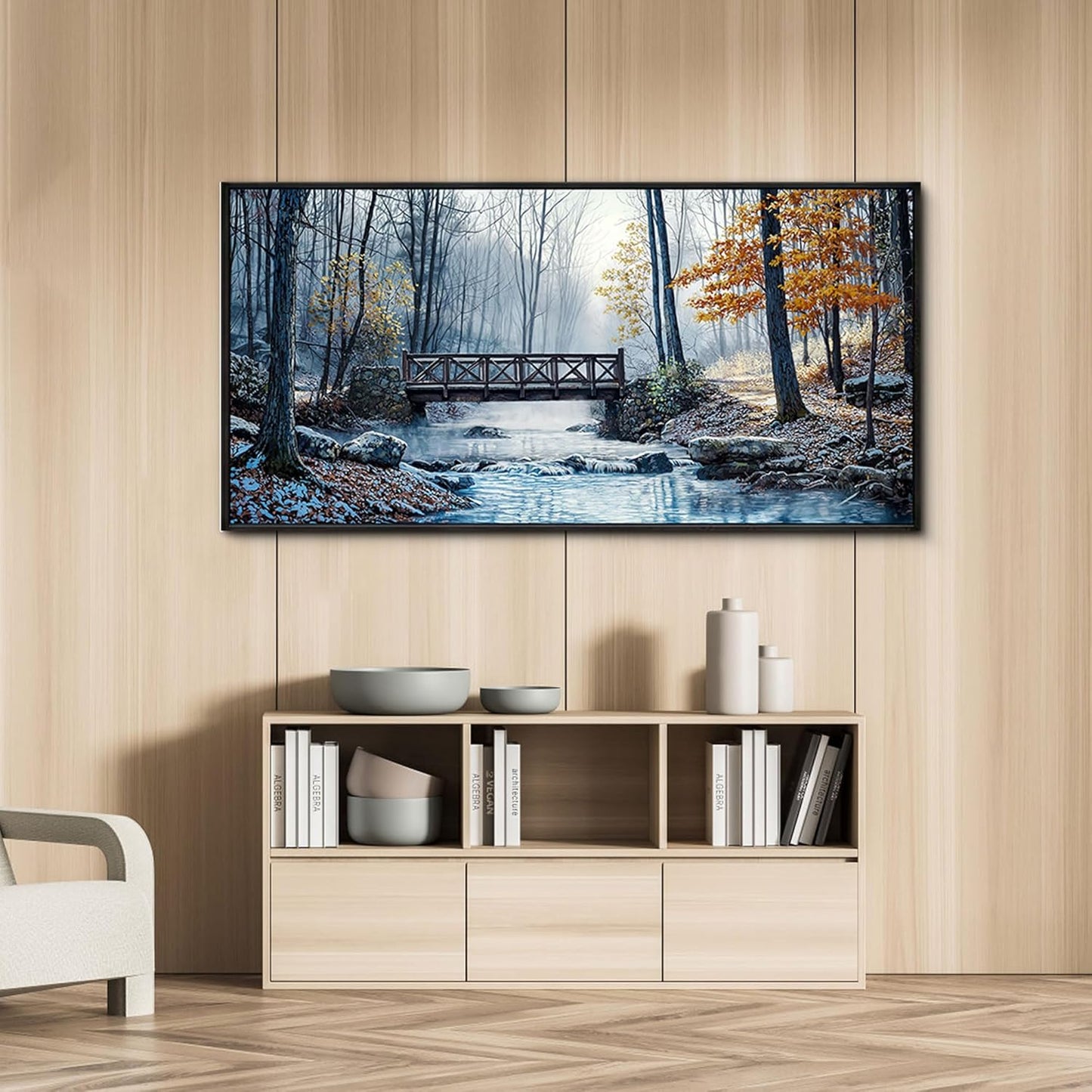 yiijeah Large Living Room Wall Art - Modern Wall Decor for Bedroom Office Decor Mountain Forest Landscapes Village Bridge Painting Framed Canvas Prints Ready to Hang Wall Pictures Home Decor