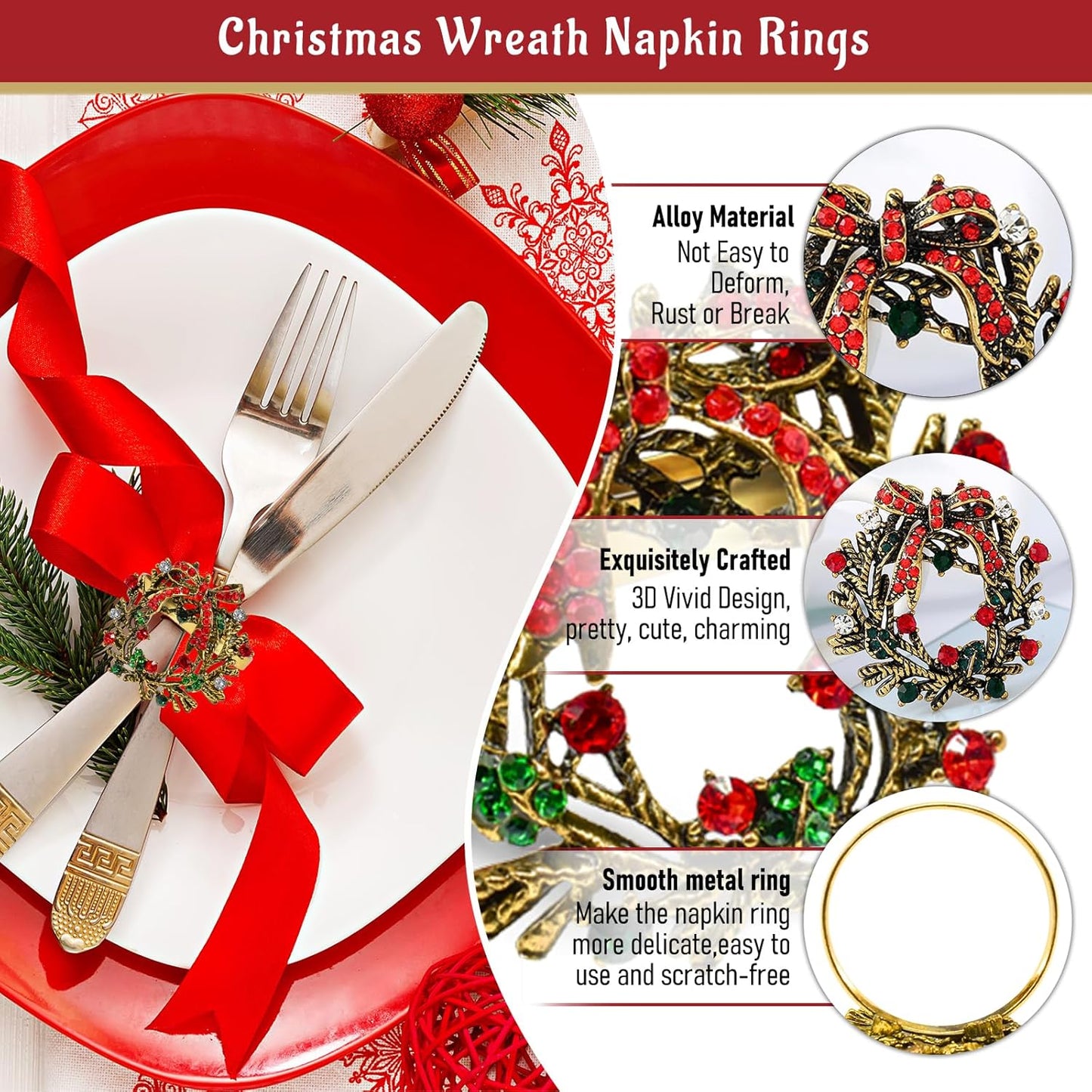 Legigo Set of 24 Christmas Wreath Napkin Rings Set- Metal Xmas Napkin Ring Holders for Cloth Napkins, Christmas Holiday Party Dinner Table Decoration