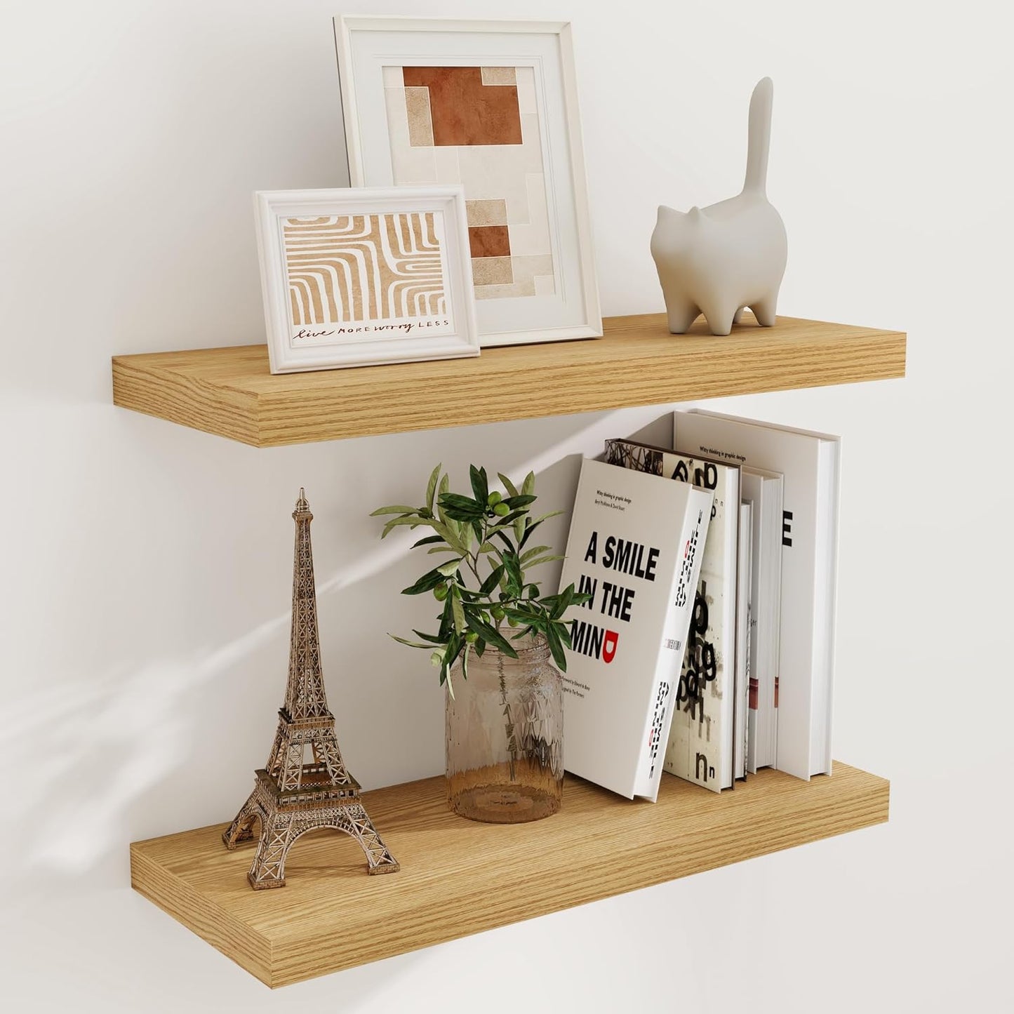 Fun Memories 24 Inch Floating Shelves for Wall, 9.3 Deep Wall Shelves for Home Decor & Storage, 24x9.3x1.5 Large Wooden Shelf with Heavy-Duty Bracket, Deep Shelf for Kitchen, Living Room, Oak Color