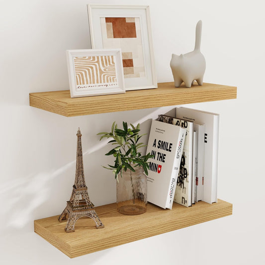 Fun Memories 24 Inch Floating Shelves for Wall, 9.3 Deep Wall Shelves for Home Decor & Storage, 24x9.3x1.5 Large Wooden Shelf with Heavy-Duty Bracket, Deep Shelf for Kitchen, Living Room, Oak Color