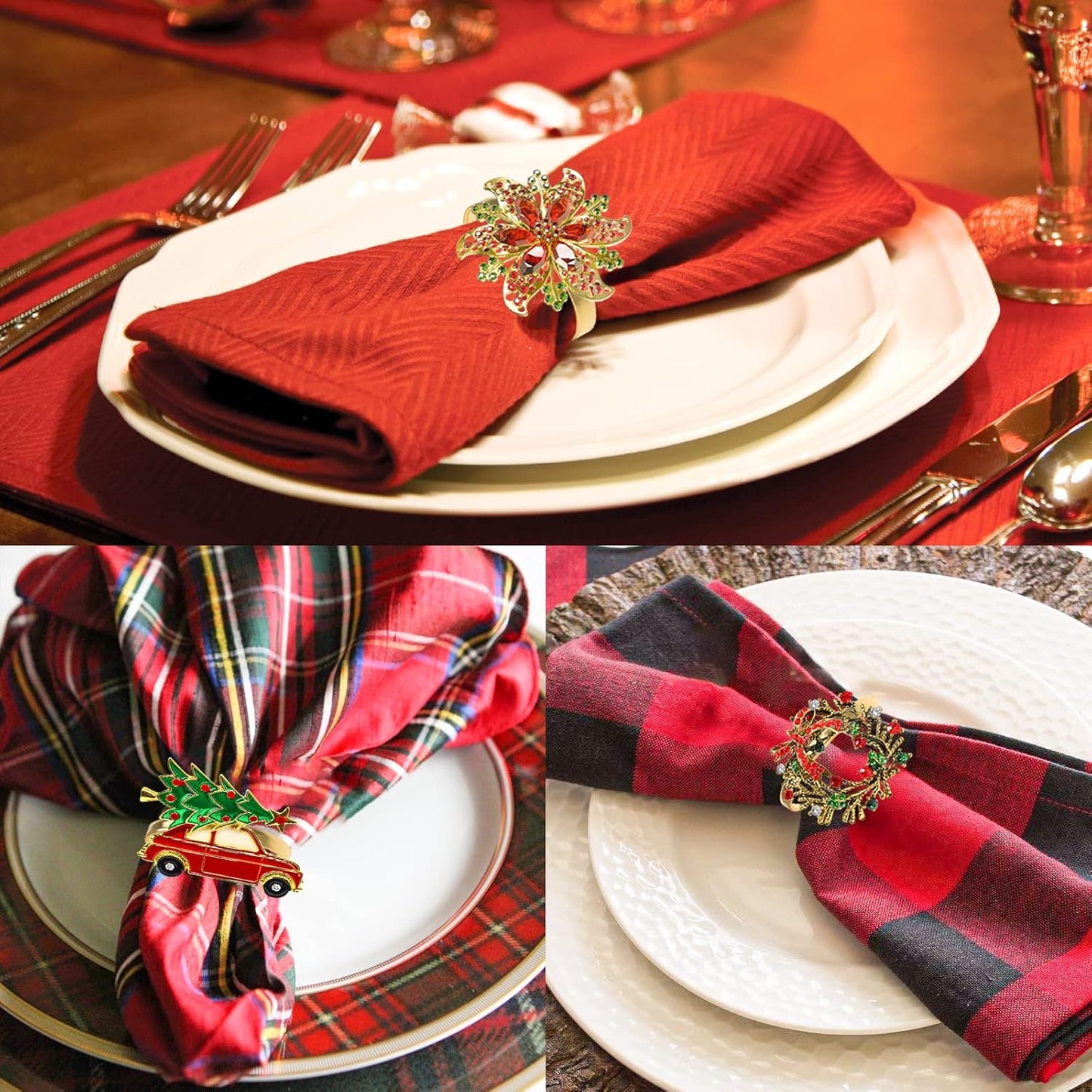 Legigo Set of 12 Christmas Flower Napkin Rings Set- Metal Xmas Napkin Ring Holders for Cloth Napkins, Christmas Holiday Party Dinner Table Decoration