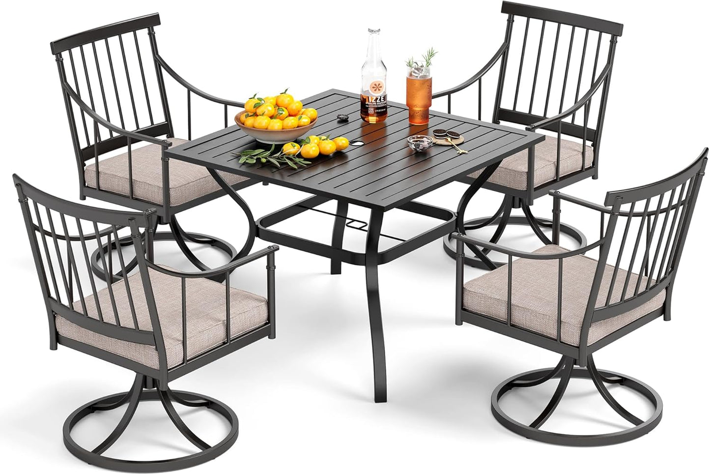 PHI VILLA 5 Pieces Outdoor Dining Set for 4, Square Black Wrought Iron Table with Umbrella Hole & Swivel Metal Chairs with Cushions, Modern Furniture for Patio, Deck, Yard, Porch