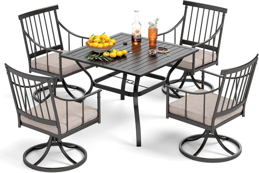 PHI VILLA 5 Pieces Outdoor Dining Set for 4, Square Black Wrought Iron Table with Umbrella Hole & Swivel Metal Chairs with Cushions, Modern Furniture for Patio, Deck, Yard, Porch