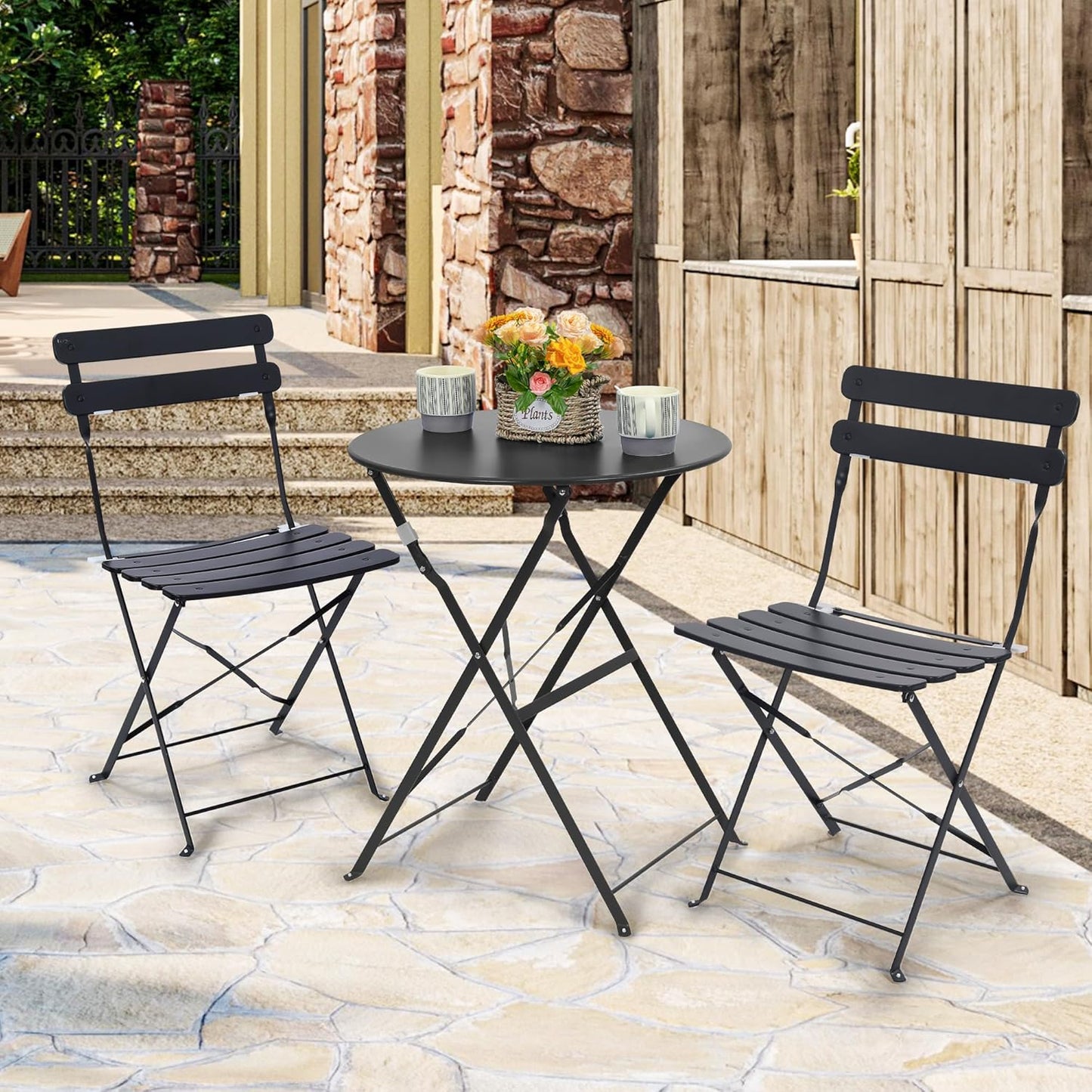 Kromax Outdoor 3 Piece Patio Bistro Set, Folding Bistro Table and 2 Folding Chairs, Patio Conversation Furniture Set, Space Saving, Black