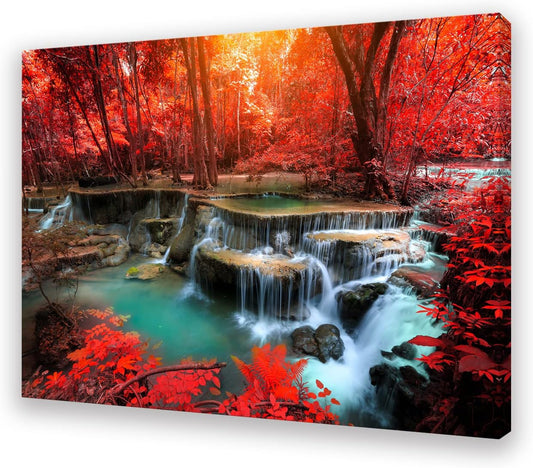 Muolunna BK03969 Wall Art Decor Canvas Print Picture Red Forest Waterfalls 1 Piece Modern Landscape Tree for Living Room Bedroom Kitchen Office Home Decorations Stretched and Framed Ready to Hang