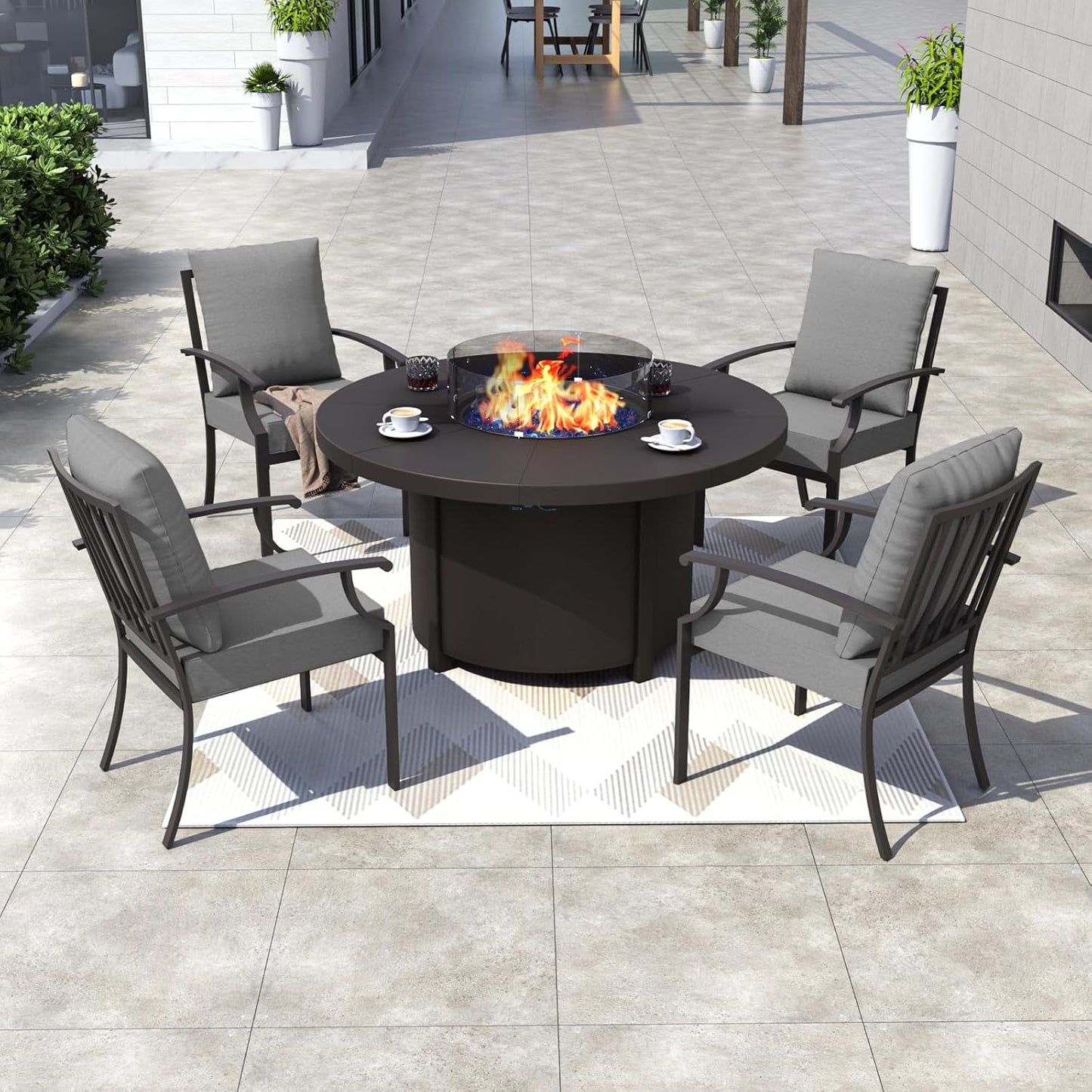 Kurapika 5 Piece Metal Outdoor Patio Furniture Set with Round Fire Pit Table, Patio Conversation Sets 4 Fixed Chairs with Thick Cushion and 40000 BTU Fire Pit Table, Grey