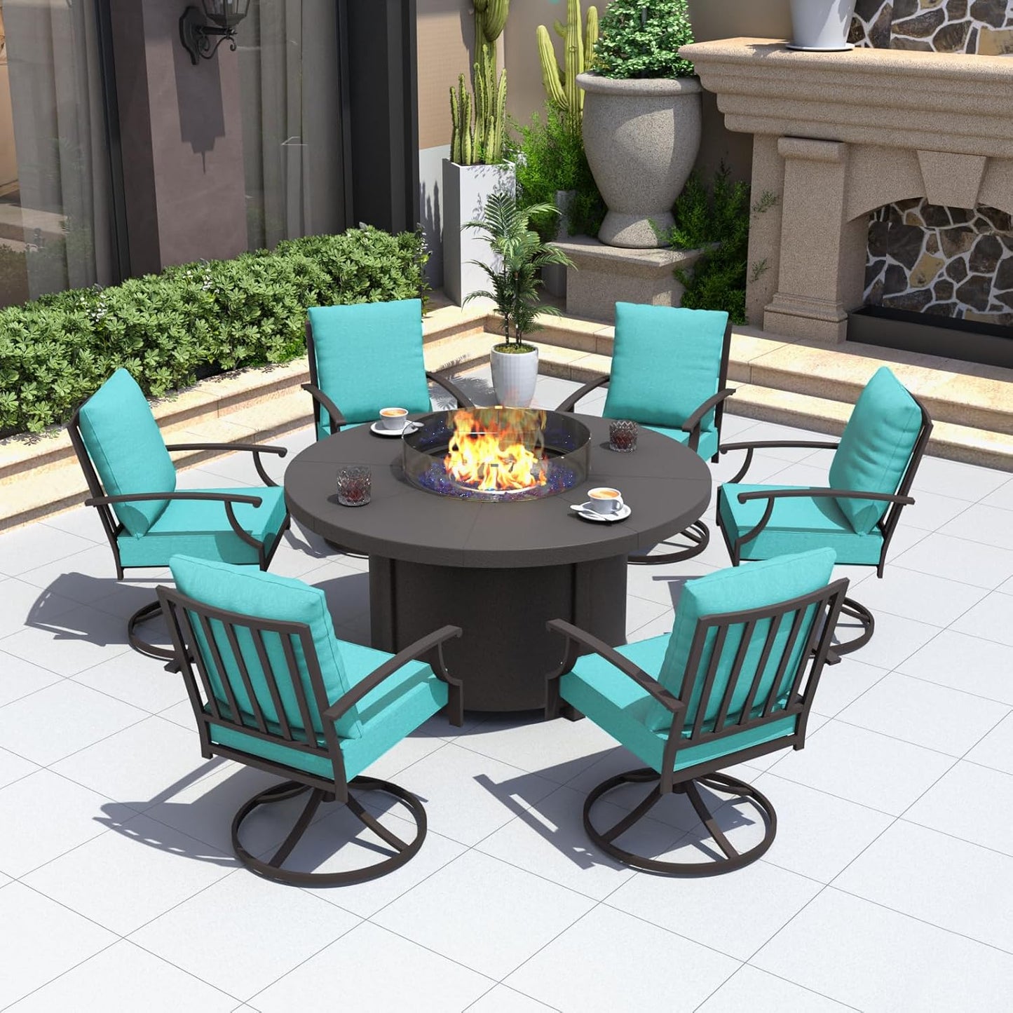 Kurapika 7 Piece Metal Outdoor Patio Furniture Set with Round Fire Pit Table, Patio Conversation Sets 6 Swivel Chairs with Thick Cushion and 40000 BTU Fire Pit Table, Blue