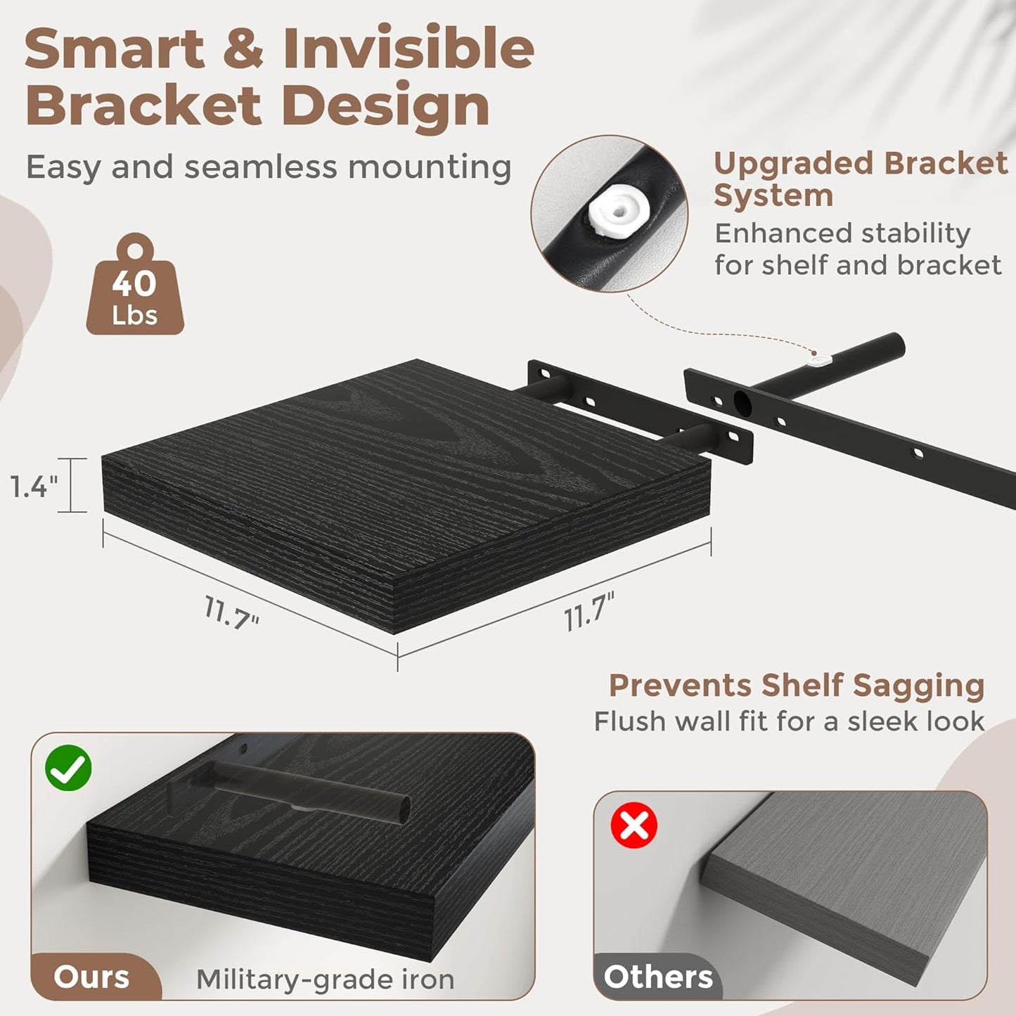 Floating Shelves for Wall with Invisible Brackets, Wall Mounted Engineered Wood Shelves with Wood Grain for Living Room, Bedroom, Bathroom, Kitchen Decor and Storage, Oak, 12"L Set of 3, Black