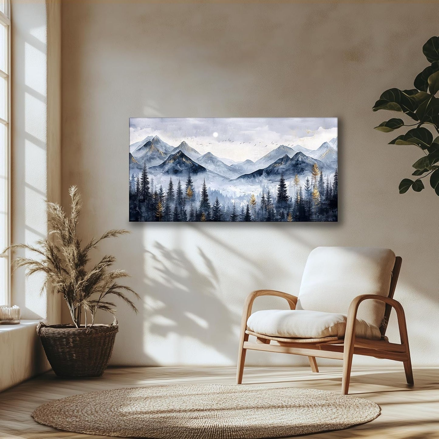 SERIMINO Mountain Landscape Large Wall Art, Misty Forest Canvas Prints, Blue Gold Watercolor Pine Tree Paintings Wall Decor Living Room Bedroom, Natural Scenery Office Decor Pictures 24"X48"