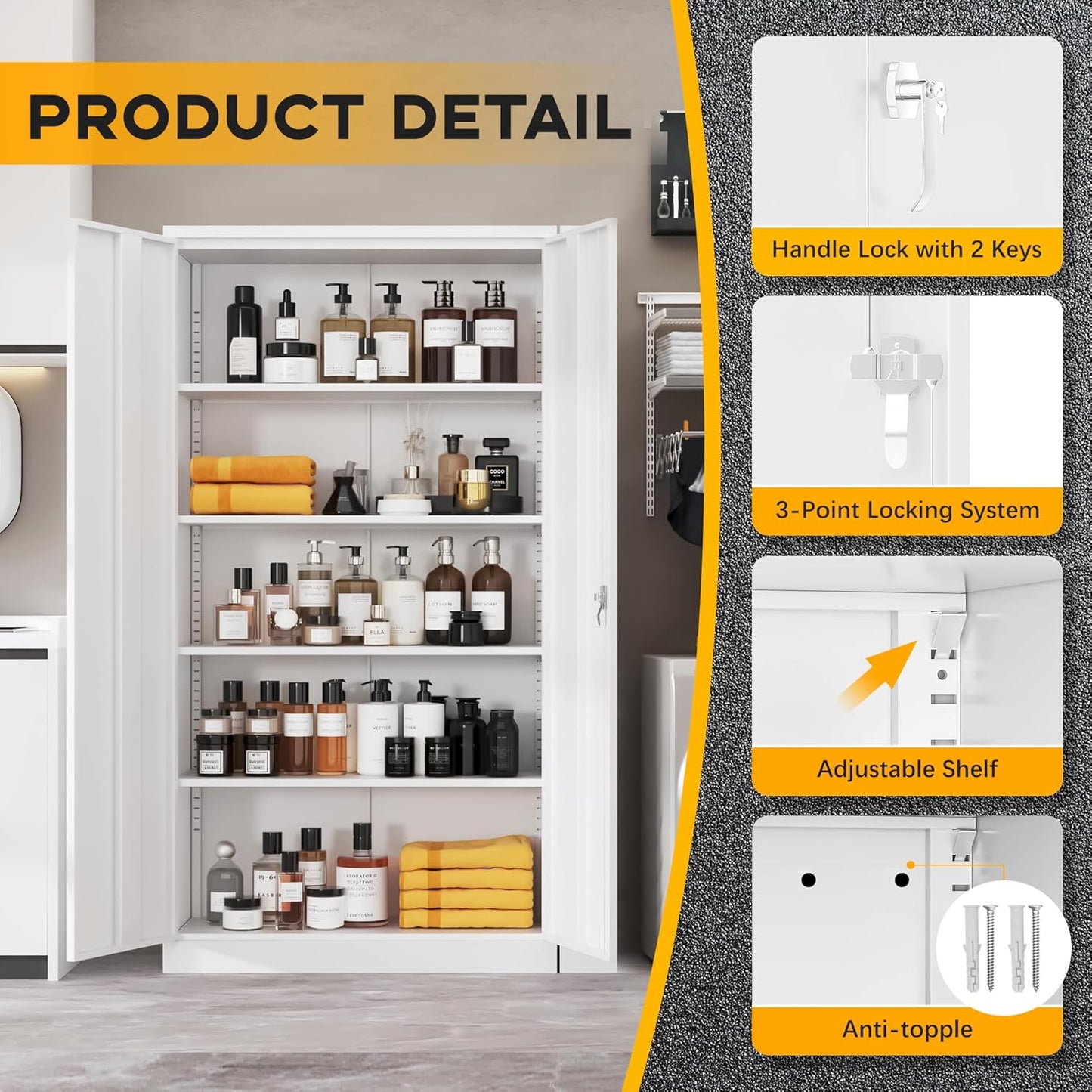 Greenvelly Metal Storage Cabinet with 2 Doors and 4 Adjustable Shelves, 72”H Metal Cabinet Lockable Storage Cabinet,Tall Locking File Cabinet for Office,Home, Garage, Gym, School