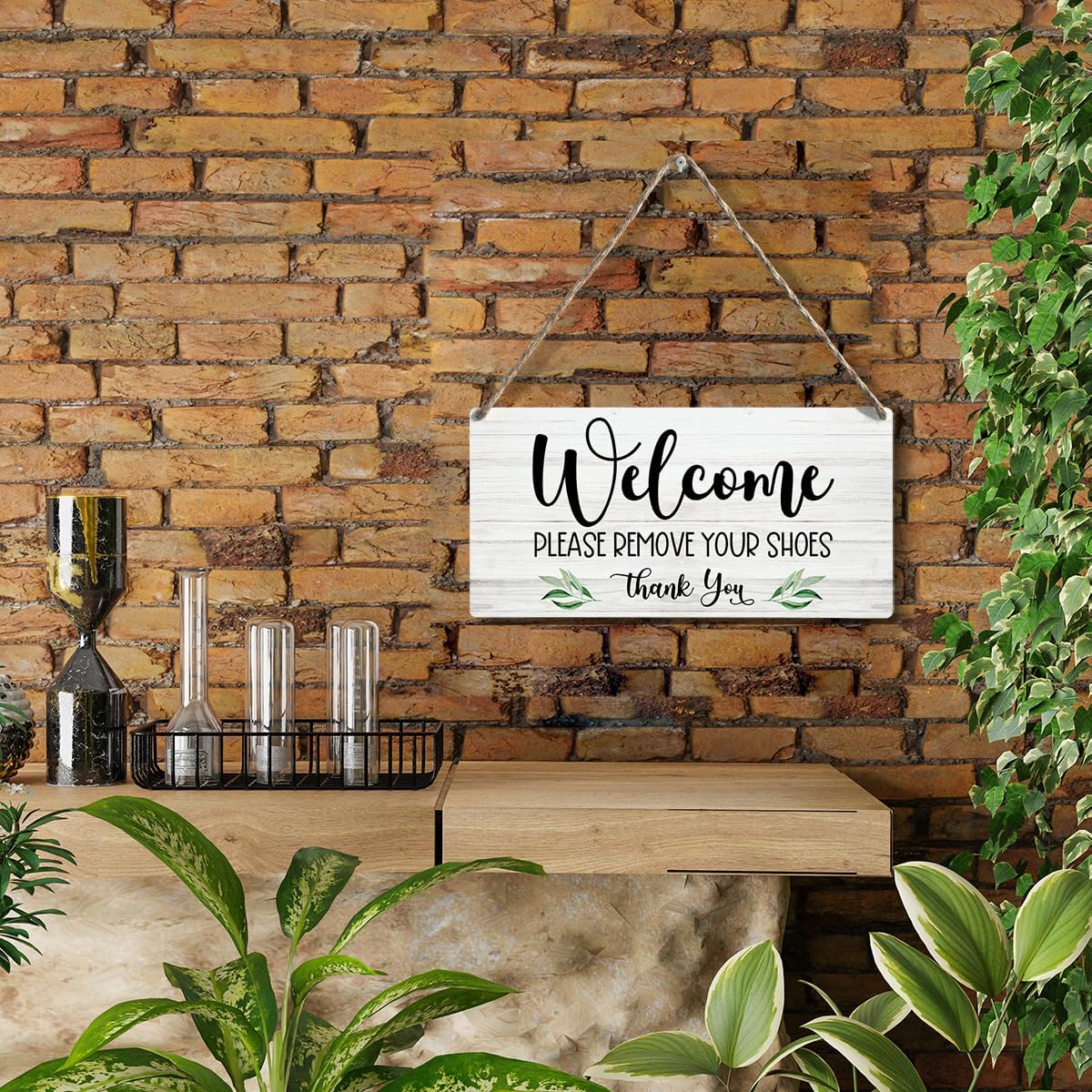 Front Door Welcome Sign, Please Remove Your Shoes Signs, No Shoes Sign for Home, Wooden Hanging Plaque 12 x 6 Inch, for Office Bedroom Living Room Home Decor Gifts