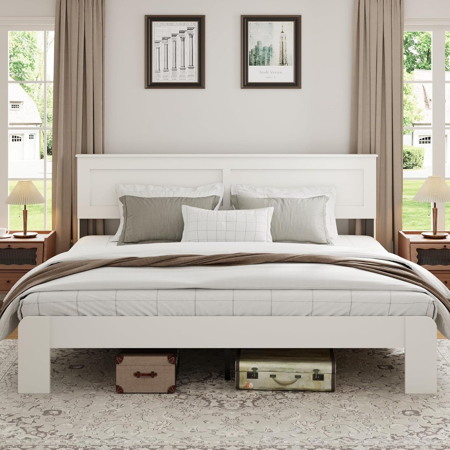 Wood Platform Bed Frame, King Bed Frame with Headboard and Wood Slat Support, Noise-Free,Easy Assembly, No Box Spring Needed, White