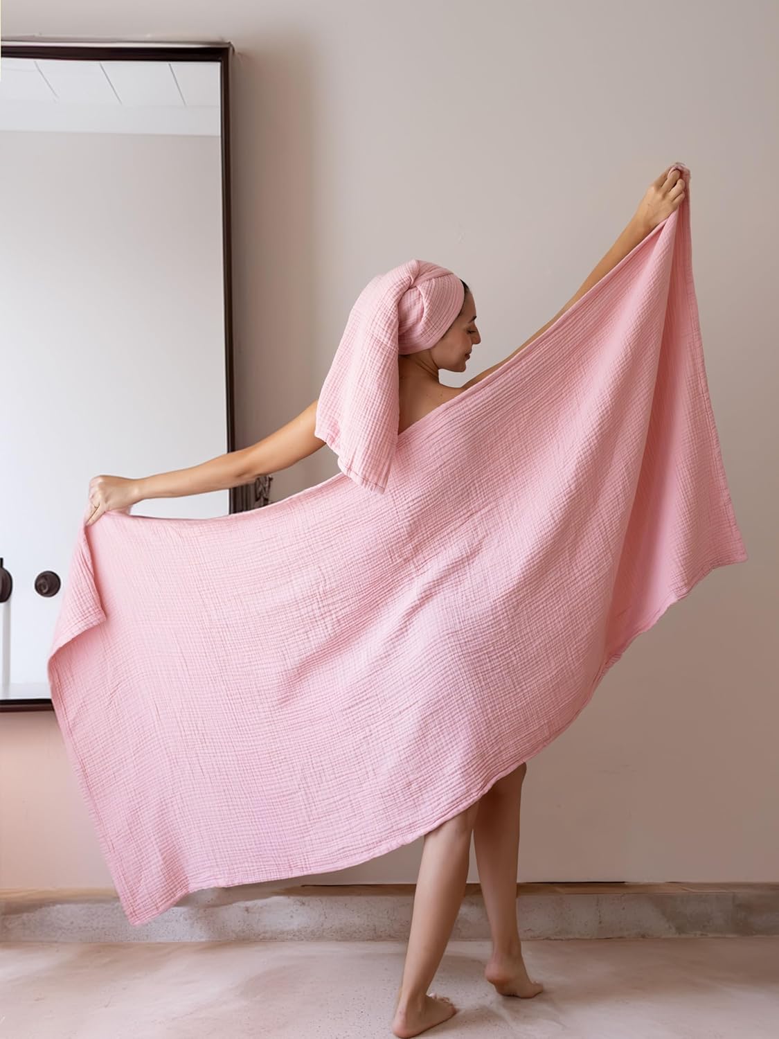 Muslin Bath Towels Pack of 2, Luxury 100% Turkish Cotton Thin Soft Quick-Dry Lint-Free Large Size Bath Hand Bathroom Towel Sets (Light Pink, Pack of 2 Bath Towels)