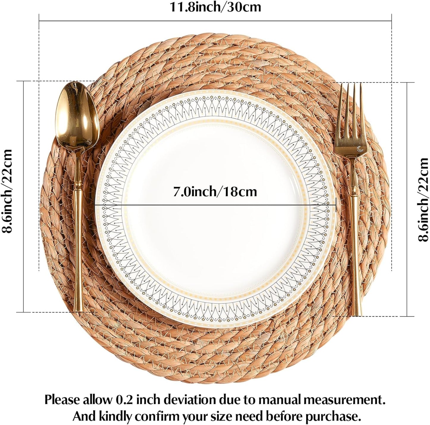 Round Woven Placemats - Boho Rattan Placemats Natural Water Hyacinth Farmhouse Weave Place Mats, Rustic Braided Wicker Table Mats for Dining Table,Home,Wedding (12 inch Set of 6)