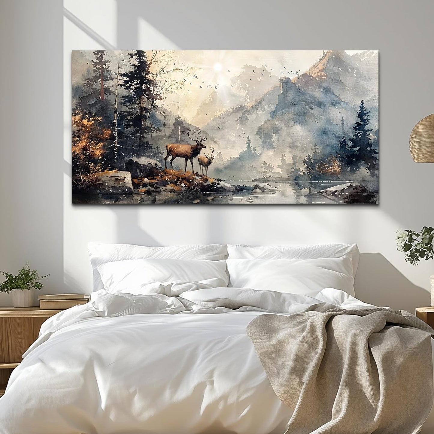 FUHAIHUA Canvas Wall Art For Living Room Large Wall Decor For Office Bedroom Wall Pictures Mountain Forest Landscape Ink Paintings Modern Poster Prints Artwork Room Home Decor Deer Mural 24x48 In