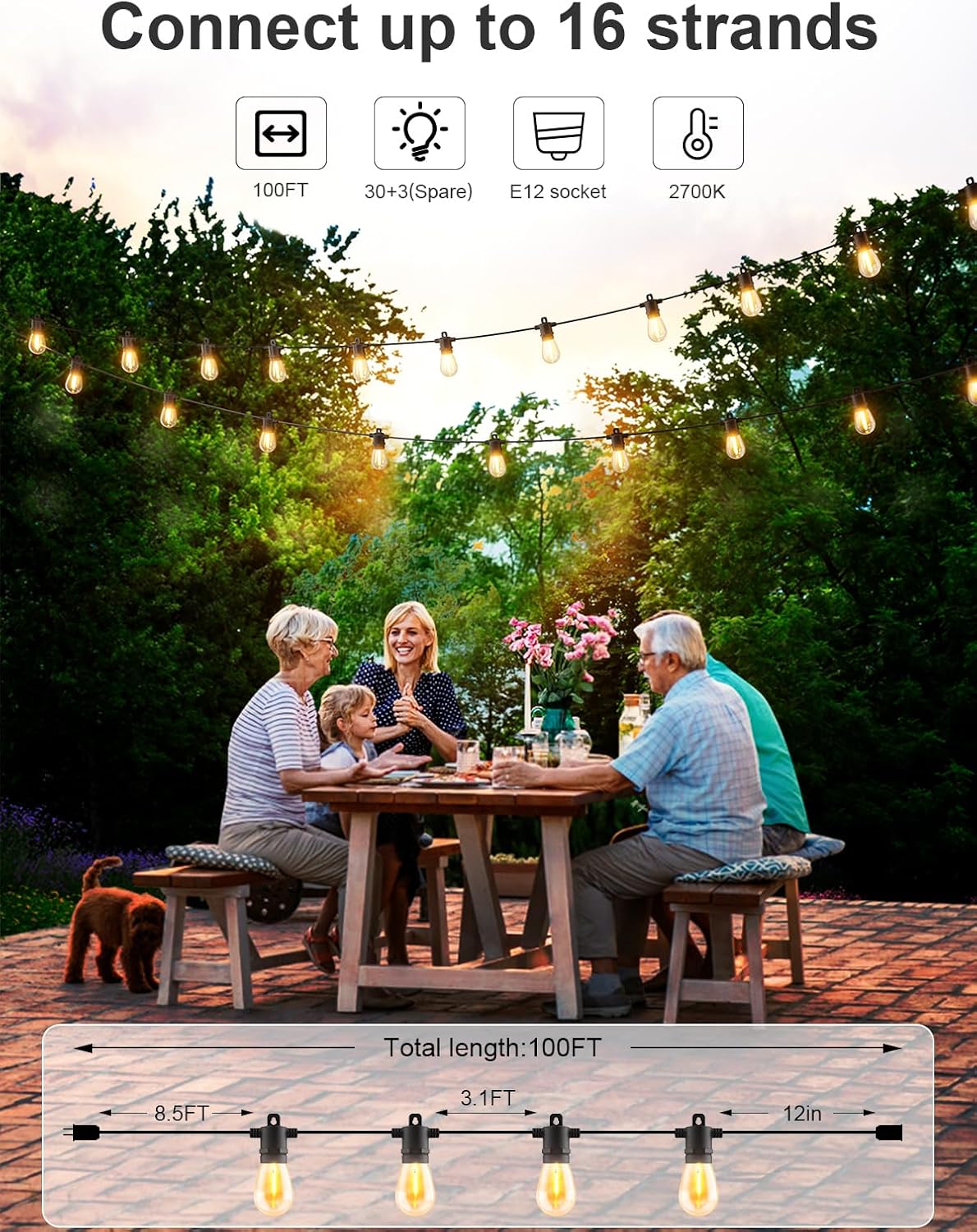 Svater Outdoor String 100 FT, Patio for Outside with Shatterproof S14 Bulbs, Waterproof LED Hanging Lights for Cafe Backyard Bistro Party, Warm White