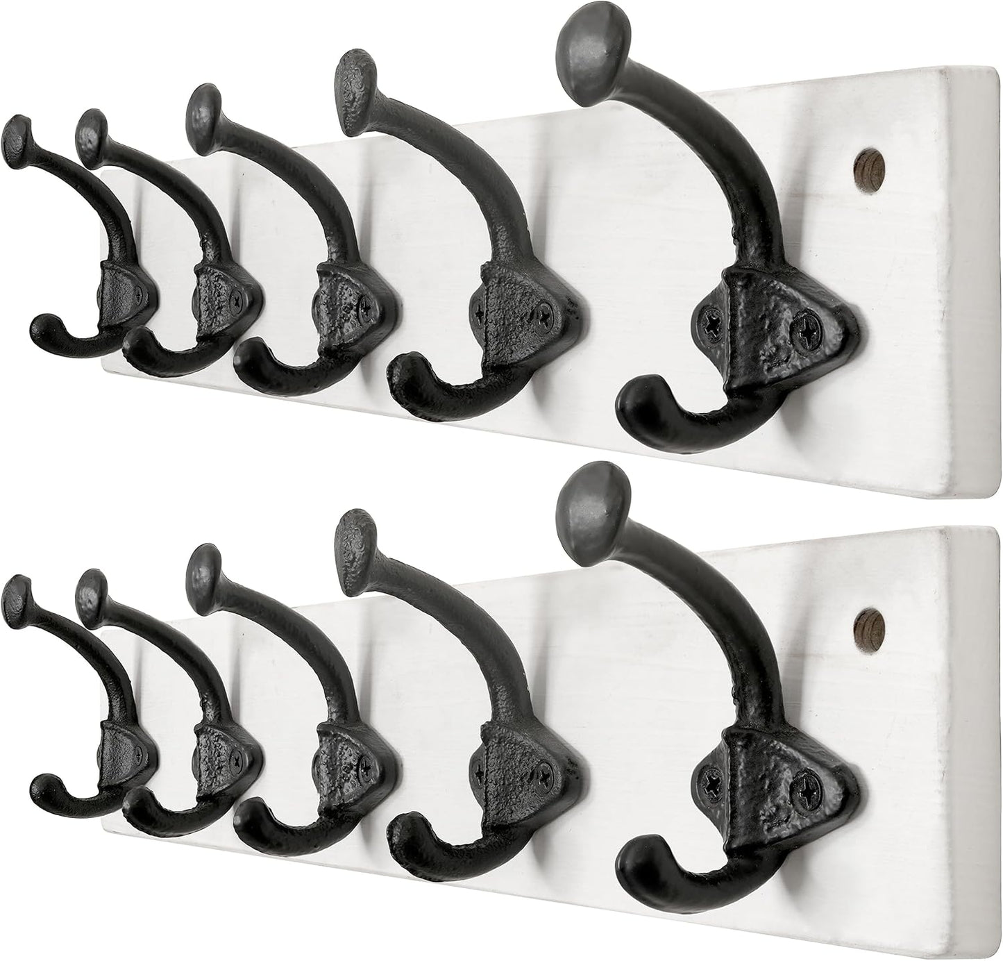 WEBI Rustic Coat Rack Wall Mount,5 Cast Iron Coat Hooks Wall Mounted,Heavy Duty Antique Vintage Hooks for Hanging Coats,Jacket,Clothes,Black on White,2 Packs