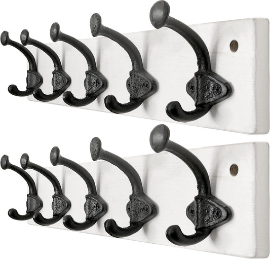 WEBI Rustic Coat Rack Wall Mount,5 Cast Iron Coat Hooks Wall Mounted,Heavy Duty Antique Vintage Hooks for Hanging Coats,Jacket,Clothes,Black on White,2 Packs