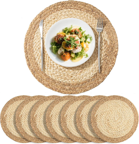 8PC 15-inch Large Round Hand-Woven Natural Placemats | Boho Rustic Plate Charger Mats | Heat Resistant Table Place Mats for Dining Table
