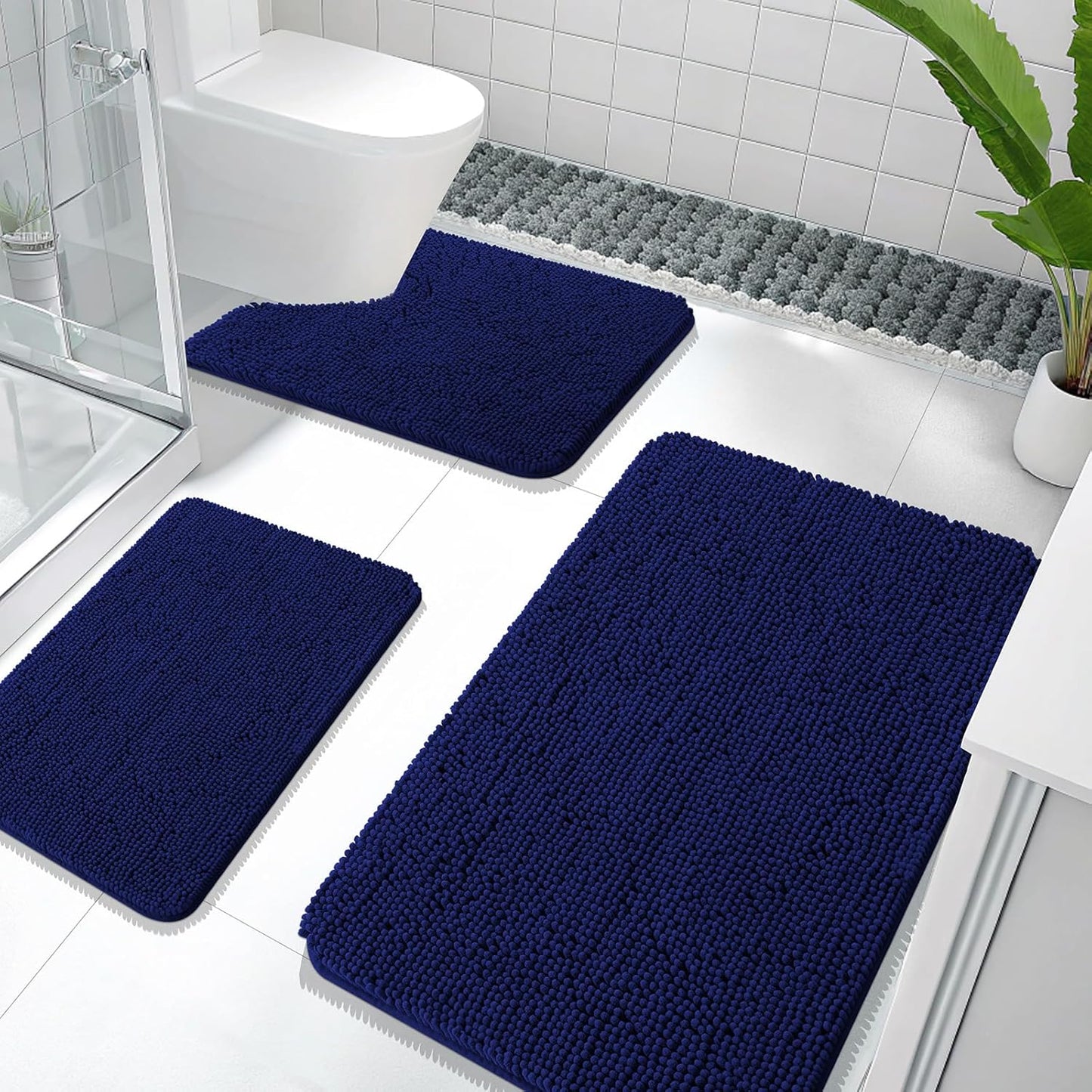 OLANLY Bathroom Rugs Sets 3 Piece, Soft Absorbent Chenille Bath Mats and U-Shaped Contour Toilet Rug, Quick Dry, Home Decor Accessories, Bath Mat Set for Bathroom (36"x24"+24"x16"+24"x20", Navy)