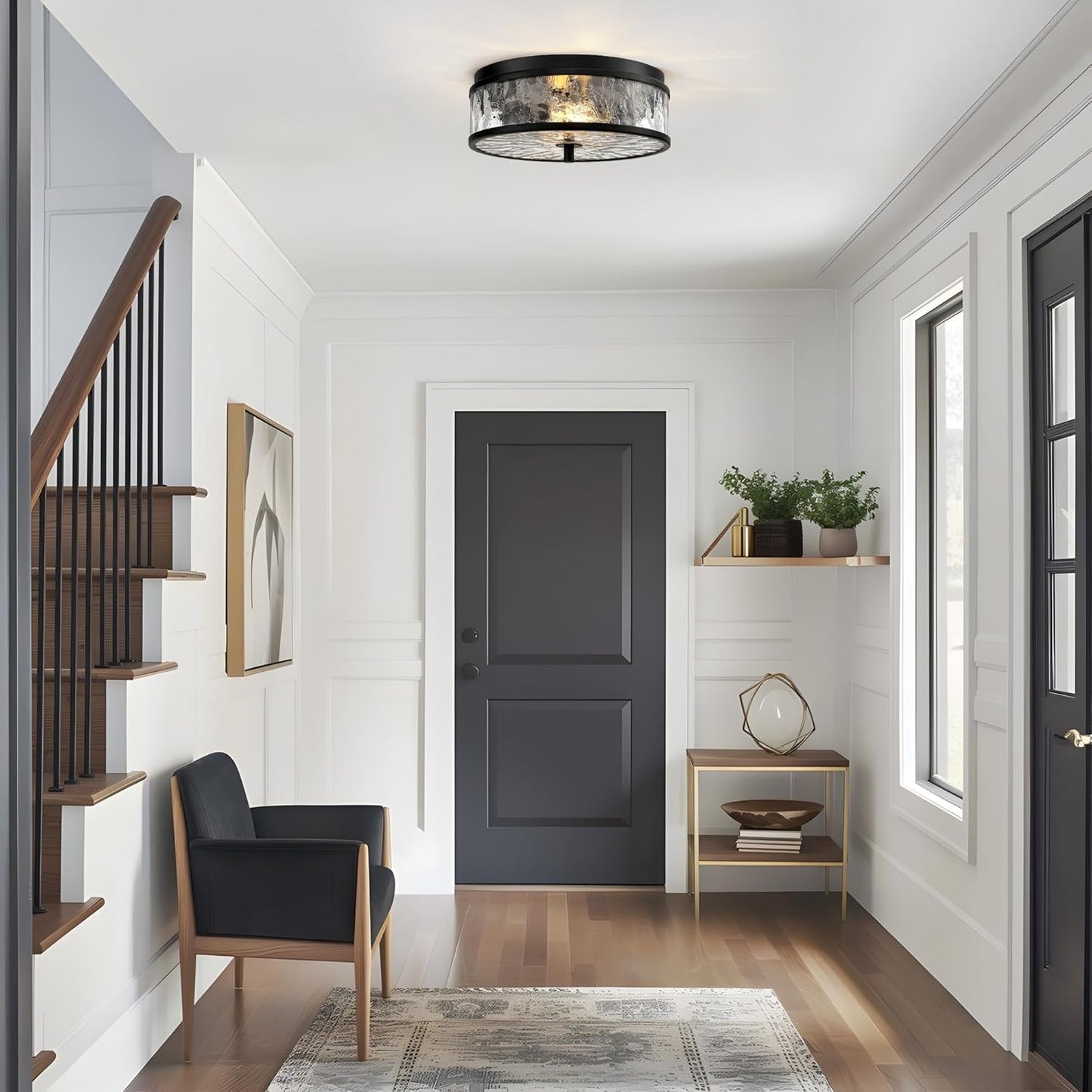 LamQee 12 Inch Flush Mount Ceiling Light with Crackled Glass Shade, 2-Lights Modern Farmhouse Close to Ceiling Lighting Fixture for Hallway Kitchen Bedroom Bathroom Foyer Entryway, Matte Black Finish