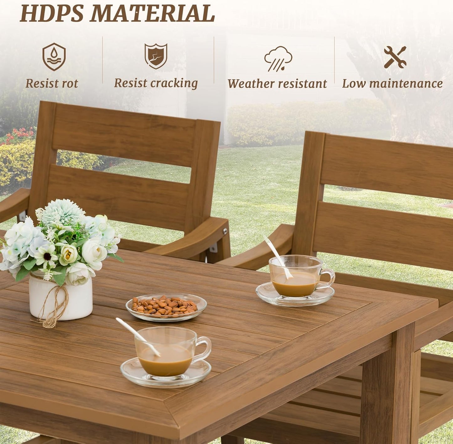 Patio Furniture Dining Set, 7-Piece, HDPS, Teak Color-Oil Printed, All Weather Outdoor Table and Chairs, Modern Design, Low Maintenance, Easy to Assemble