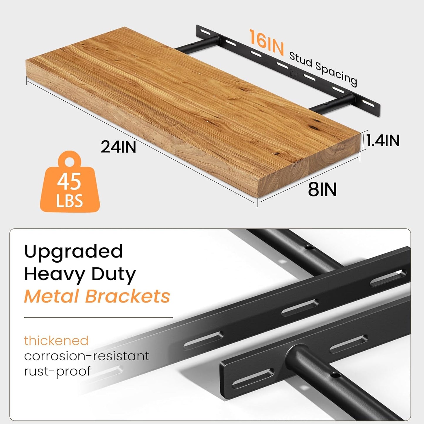 Fun Memories 24-Inch Floating Shelves – Set of 2, Rustic Elm Wood Wall Shelves with Invisible Brackets, Heavy-Duty Deep Storage for Home Décor, Kitchen, or Living Room – Natural Finish