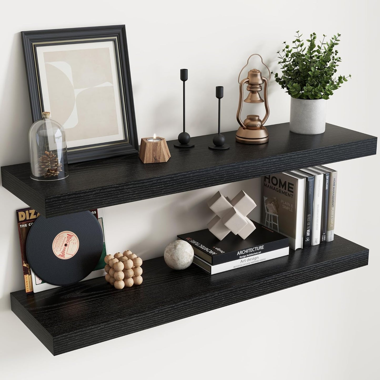 Floating Shelves for Wall with Invisible Brackets, Wall Mounted Engineered Wood Shelves with Wood Grain for Living Room, Bedroom, Bathroom, Kitchen Decor and Storage, Oak, 40"L Set of 2, Black