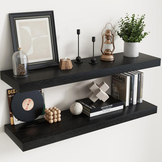 Floating Shelves for Wall with Invisible Brackets, Wall Mounted Engineered Wood Shelves with Wood Grain for Living Room, Bedroom, Bathroom, Kitchen Decor and Storage, Oak, 40"L Set of 2, Black