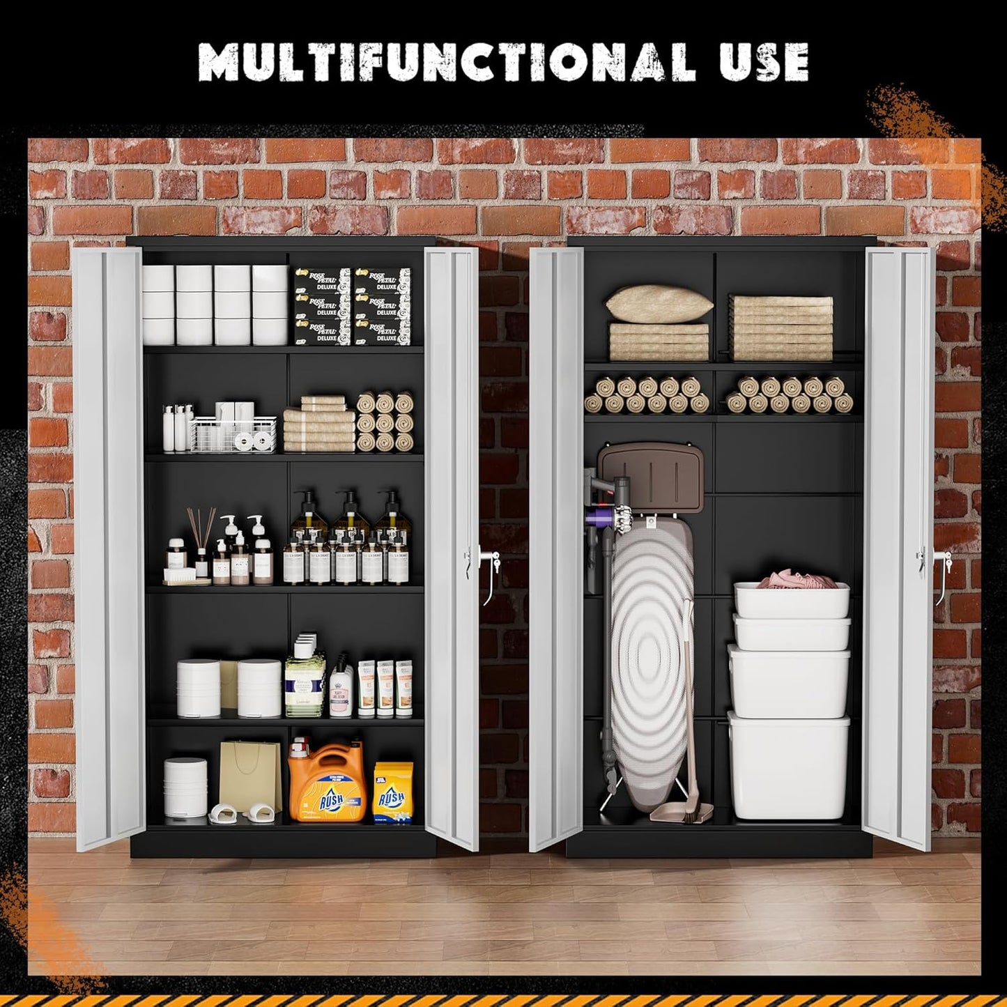 Greenvelly Metal Storage Cabinet, 72" Metal Garage Storage Cabinet with 2 Doors and 4 Adjustable Shelves,Steel Cabinets with Locking Doors for Home Office,Garage,School,Gym(Black Grey)