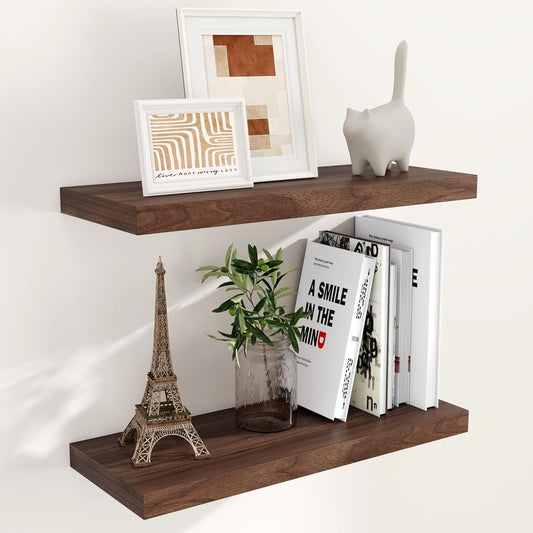 24 Inch Floating Shelves for Wall, 9.3 Deep Wall Shelves for Home Decor & Storage, 24x9.3x1.5 Large Wooden Shelf with Heavy-Duty Bracket, Deep Shelf for Kitchen, Living Room, Walnut Color