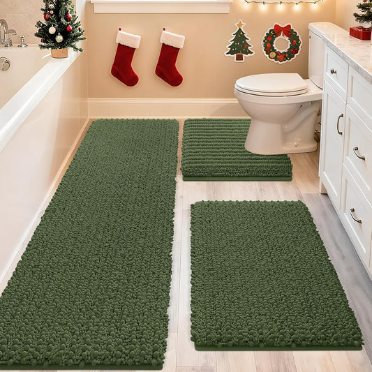 ACCUMTEK Upgrade Extra Large Oliver Green Bathroom Rug Set 3 Pieces Ultra Soft, Thick Absorbent Bath Mats, Non Slip Chenille Toilet Mat for Bathroom, Bedroom, Kitchen