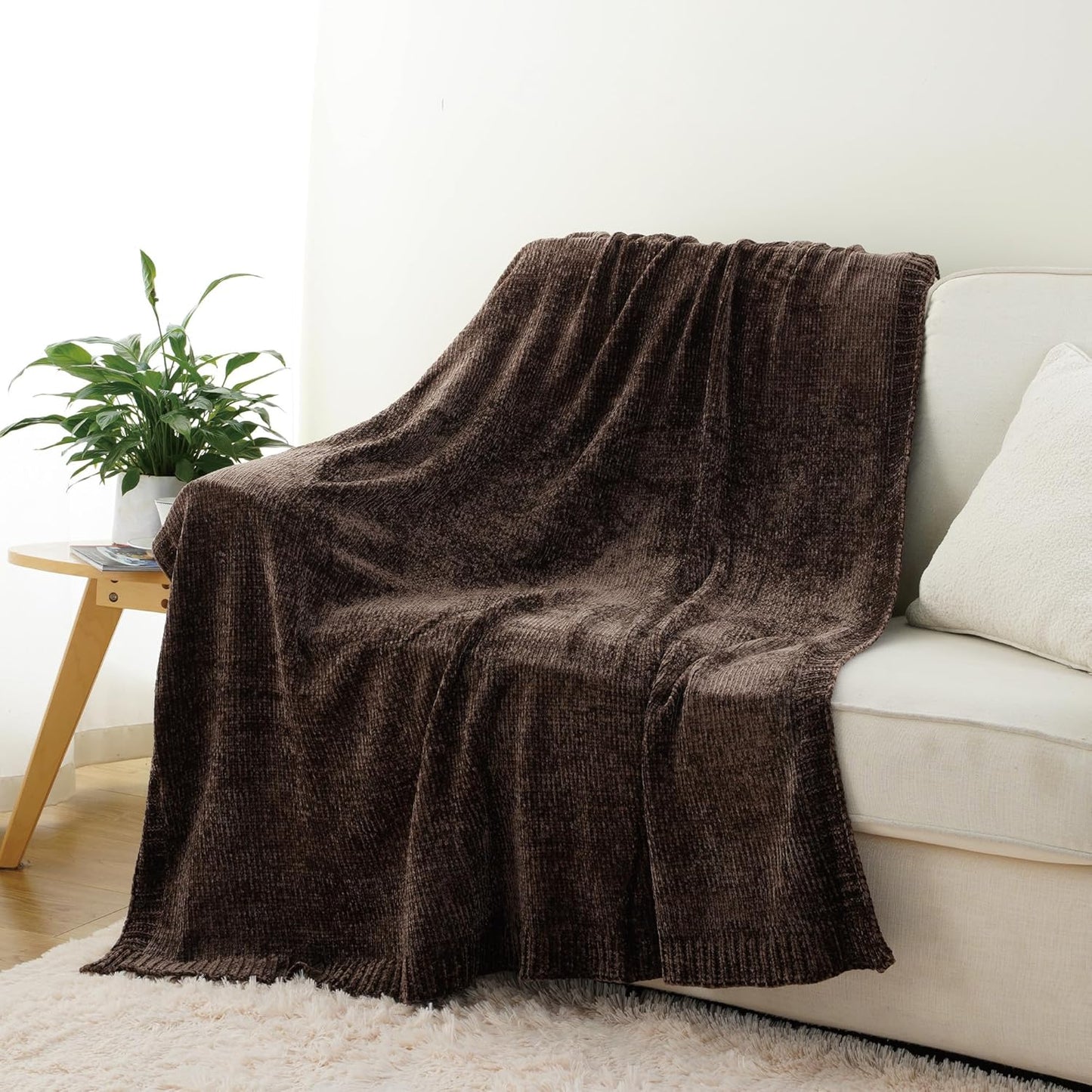 BATTILO HOME Dark Brown Throw Blanket for Couch, Soft Chenille Throw Blankets for Bed, Sofa, Home Decorative Chocolate Brown Throw Blanket, Knitted Cozy Brown Blanket, 51"x67"