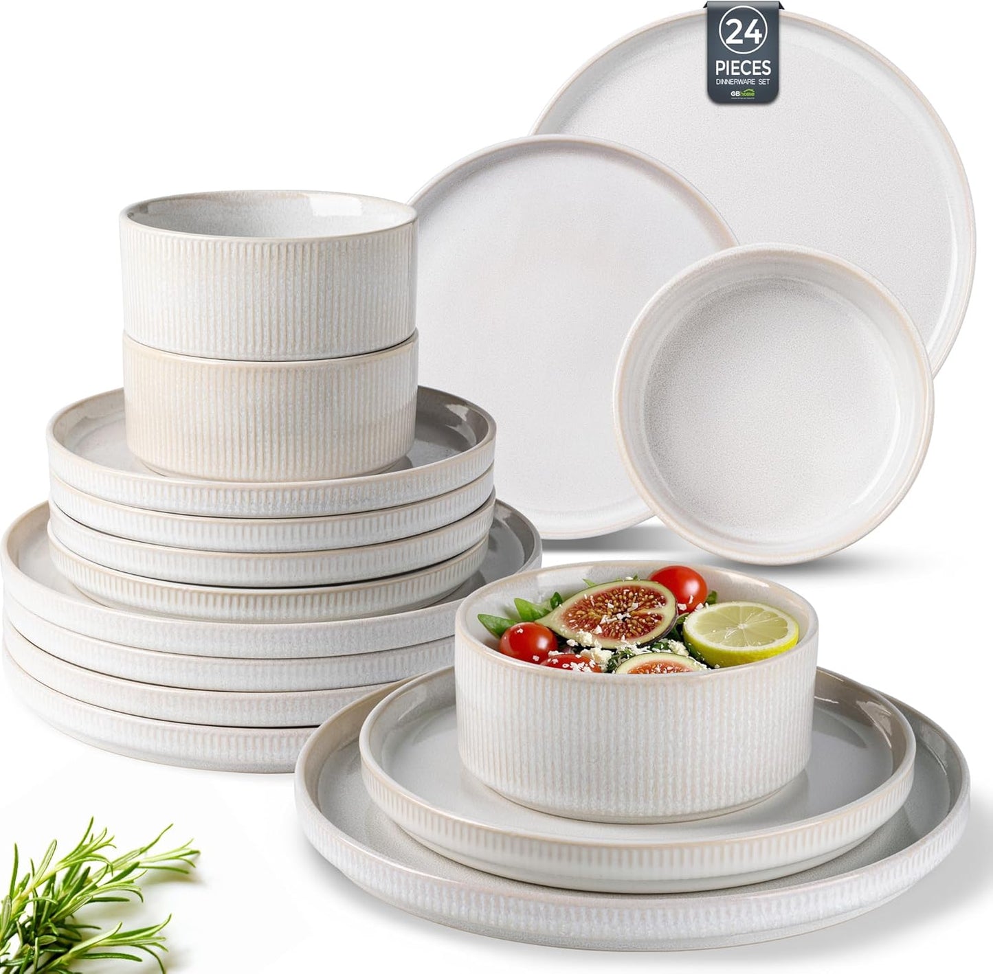 GBHOME Stoneware Dinnerware Sets for 8,Round Reactive Glaze Ceramic Plates and Bowls Set,Highly Scratch Resistant| Dishwasher & Microwave Safe Dishes Set,Service for 8(24Pcs)