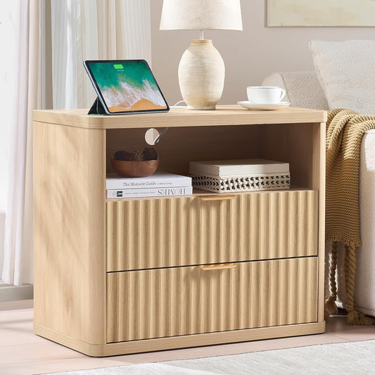 LEYAOYAO 31" Wide Fluted Nightstand with Charging Station, Oversized Extra Large 2 Drawers Night Stand,Natural Wood Bedside Table,Tall Bed Side End Tables,Modern Chest of Drawers Dressers for Bedroom