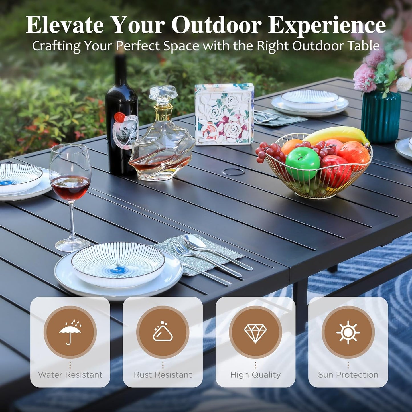 HERA'S HOUSE 7 PCS Patio Dining Set Outdoor Table Chairs, 6 All Weather Textilene High Back Padded Dining Chairs and 60" Large Metal Table with Double Umbrella Hole for Lawn Garden