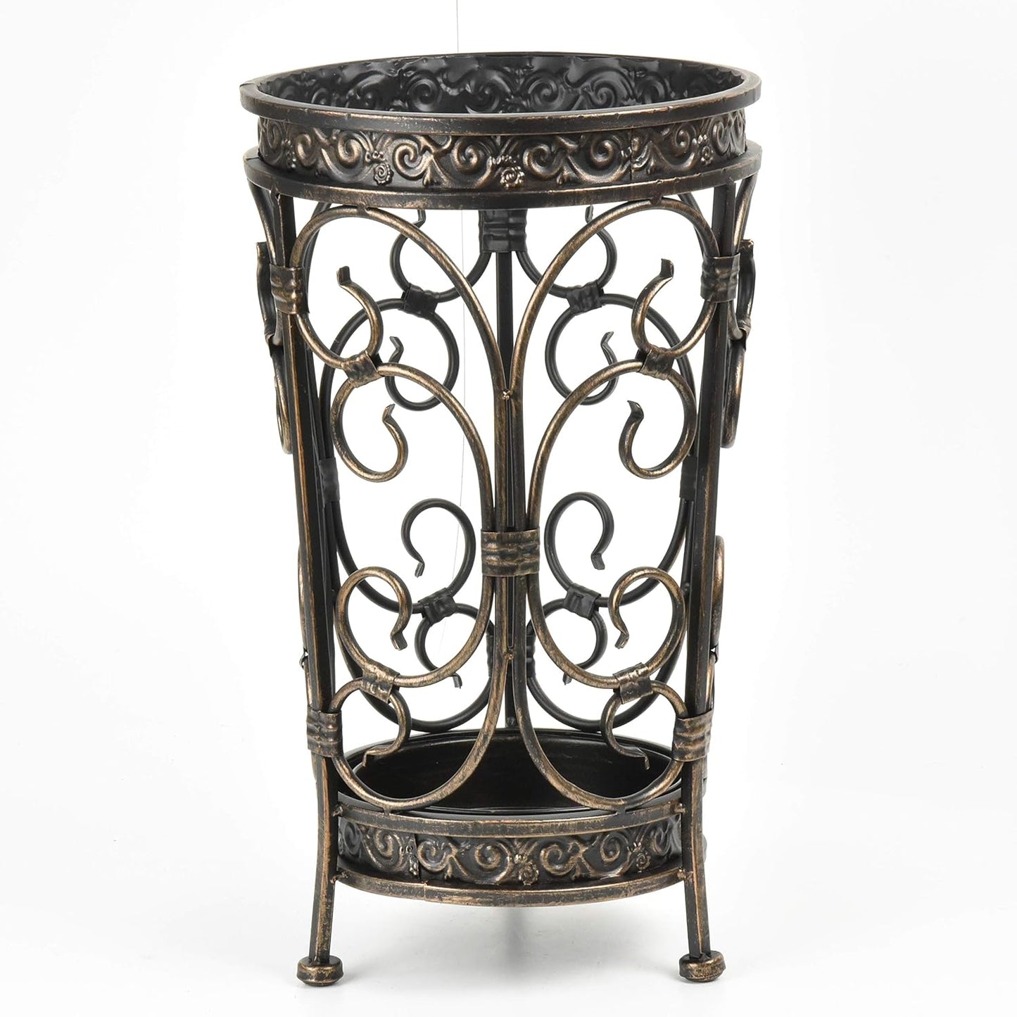 Dualplex Umbrella Holder for Entryway, Umbrella Stand Metal Antique Look, Indoor Entry Hallway Décor, Round Style with Removable Drip Tray. Home Office Rack Holds Umbrellas Canes Walking Sticks